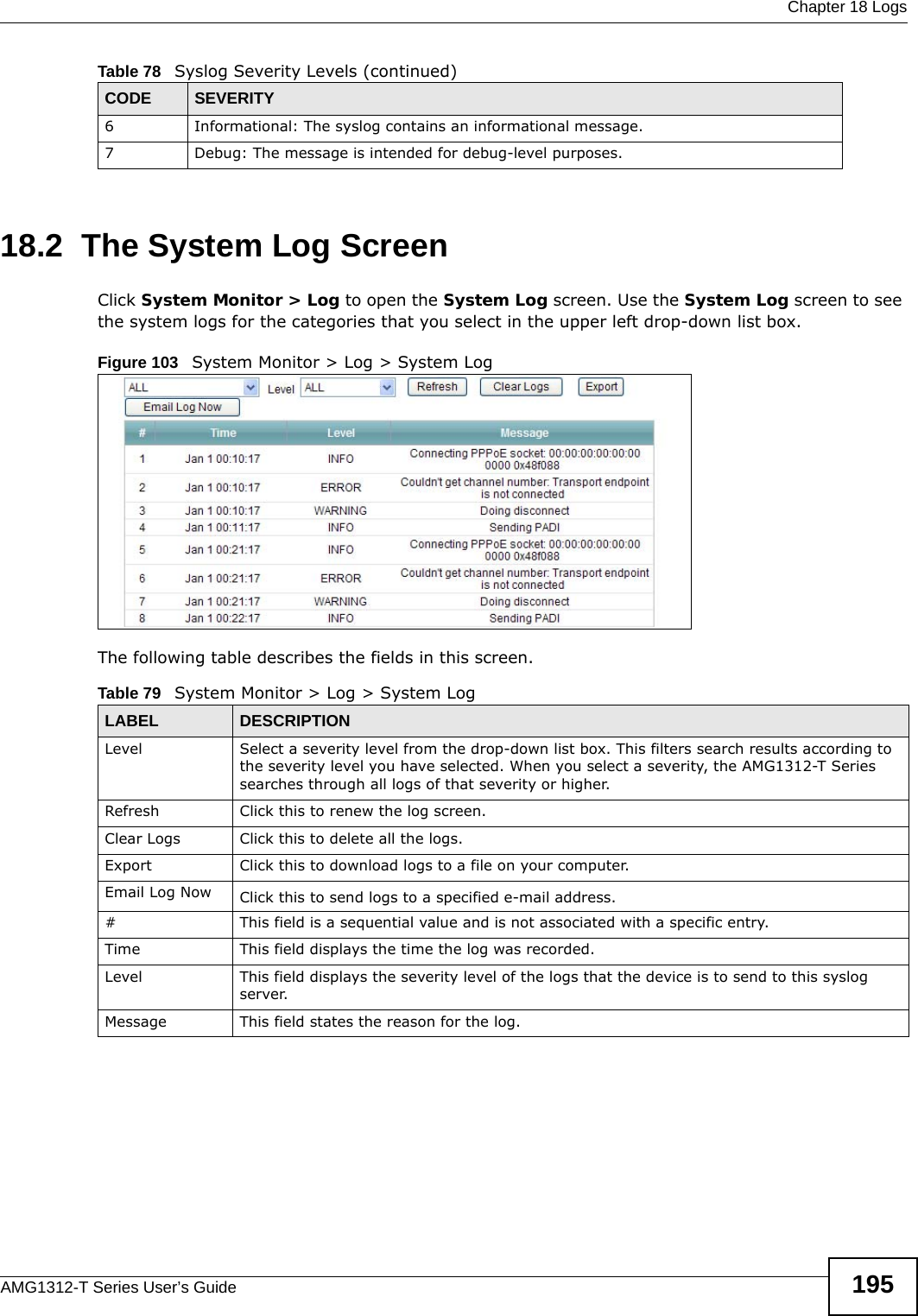  Chapter 18 LogsAMG1312-T Series User’s Guide 19518.2  The System Log Screen Click System Monitor &gt; Log to open the System Log screen. Use the System Log screen to see the system logs for the categories that you select in the upper left drop-down list box. Figure 103   System Monitor &gt; Log &gt; System LogThe following table describes the fields in this screen.6 Informational: The syslog contains an informational message.7 Debug: The message is intended for debug-level purposes.Table 78   Syslog Severity Levels (continued)CODE SEVERITYTable 79   System Monitor &gt; Log &gt; System LogLABEL DESCRIPTIONLevel  Select a severity level from the drop-down list box. This filters search results according to the severity level you have selected. When you select a severity, the AMG1312-T Series searches through all logs of that severity or higher. Refresh Click this to renew the log screen. Clear Logs Click this to delete all the logs. Export Click this to download logs to a file on your computer.Email Log Now Click this to send logs to a specified e-mail address.#This field is a sequential value and is not associated with a specific entry.Time  This field displays the time the log was recorded. Level This field displays the severity level of the logs that the device is to send to this syslog server.Message This field states the reason for the log.