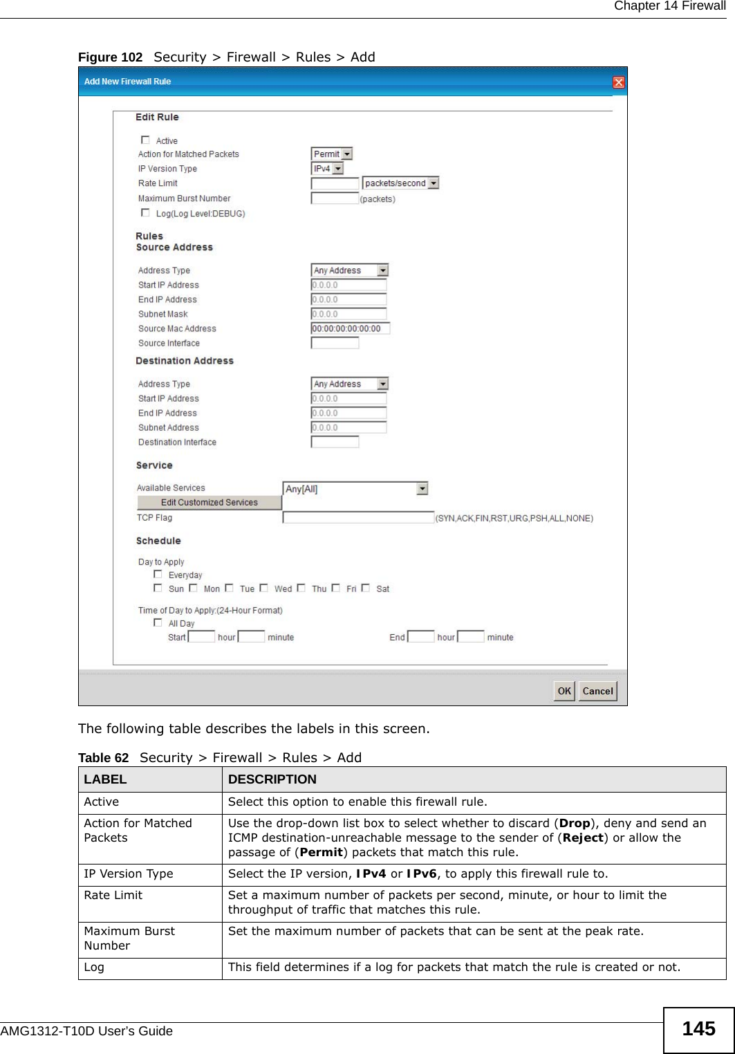 Chapter 14 FirewallAMG1312-T10D User’s Guide 145Figure 102   Security &gt; Firewall &gt; Rules &gt; Add The following table describes the labels in this screen. Table 62   Security &gt; Firewall &gt; Rules &gt; AddLABEL DESCRIPTIONActive Select this option to enable this firewall rule. Action for Matched PacketsUse the drop-down list box to select whether to discard (Drop), deny and send an ICMP destination-unreachable message to the sender of (Reject) or allow the passage of (Permit) packets that match this rule. IP Version Type  Select the IP version, IPv4 or IPv6, to apply this firewall rule to.Rate Limit Set a maximum number of packets per second, minute, or hour to limit the throughput of traffic that matches this rule. Maximum Burst NumberSet the maximum number of packets that can be sent at the peak rate. Log This field determines if a log for packets that match the rule is created or not. 