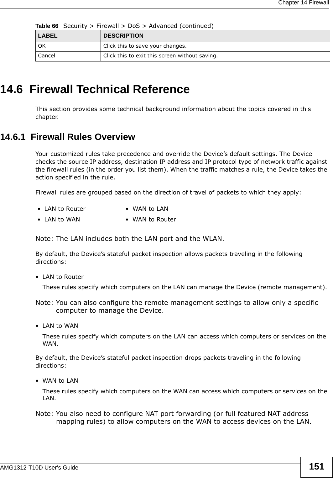  Chapter 14 FirewallAMG1312-T10D User’s Guide 15114.6  Firewall Technical ReferenceThis section provides some technical background information about the topics covered in this chapter.14.6.1  Firewall Rules OverviewYour customized rules take precedence and override the Device’s default settings. The Device checks the source IP address, destination IP address and IP protocol type of network traffic against the firewall rules (in the order you list them). When the traffic matches a rule, the Device takes the action specified in the rule. Firewall rules are grouped based on the direction of travel of packets to which they apply: Note: The LAN includes both the LAN port and the WLAN.By default, the Device’s stateful packet inspection allows packets traveling in the following directions:•LAN to Router These rules specify which computers on the LAN can manage the Device (remote management). Note: You can also configure the remote management settings to allow only a specific computer to manage the Device.•LAN to WANThese rules specify which computers on the LAN can access which computers or services on the WAN.By default, the Device’s stateful packet inspection drops packets traveling in the following directions:•WAN to LANThese rules specify which computers on the WAN can access which computers or services on the LAN. Note: You also need to configure NAT port forwarding (or full featured NAT address mapping rules) to allow computers on the WAN to access devices on the LAN.OK Click this to save your changes.Cancel Click this to exit this screen without saving.Table 66   Security &gt; Firewall &gt; DoS &gt; Advanced (continued)LABEL DESCRIPTION•LAN to Router •WAN to LAN• LAN to WAN • WAN to Router