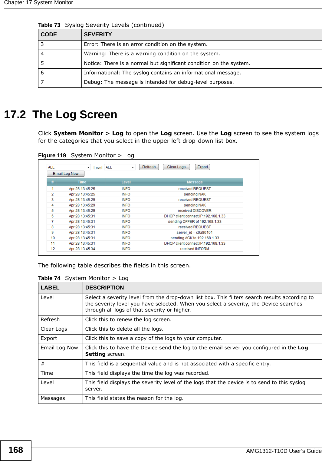 Chapter 17 System MonitorAMG1312-T10D User’s Guide16817.2  The Log Screen Click System Monitor &gt; Log to open the Log screen. Use the Log screen to see the system logs for the categories that you select in the upper left drop-down list box. Figure 119   System Monitor &gt; Log The following table describes the fields in this screen.  3 Error: There is an error condition on the system.4 Warning: There is a warning condition on the system.5 Notice: There is a normal but significant condition on the system.6 Informational: The syslog contains an informational message.7 Debug: The message is intended for debug-level purposes.Table 73   Syslog Severity Levels (continued)CODE SEVERITYTable 74   System Monitor &gt; LogLABEL DESCRIPTIONLevel  Select a severity level from the drop-down list box. This filters search results according to the severity level you have selected. When you select a severity, the Device searches through all logs of that severity or higher. Refresh Click this to renew the log screen. Clear Logs  Click this to delete all the logs. Export Click this to save a copy of the logs to your computer.Email Log Now Click this to have the Device send the log to the email server you configured in the Log Setting screen.# This field is a sequential value and is not associated with a specific entry.Time  This field displays the time the log was recorded. Level This field displays the severity level of the logs that the device is to send to this syslog server.Messages This field states the reason for the log.