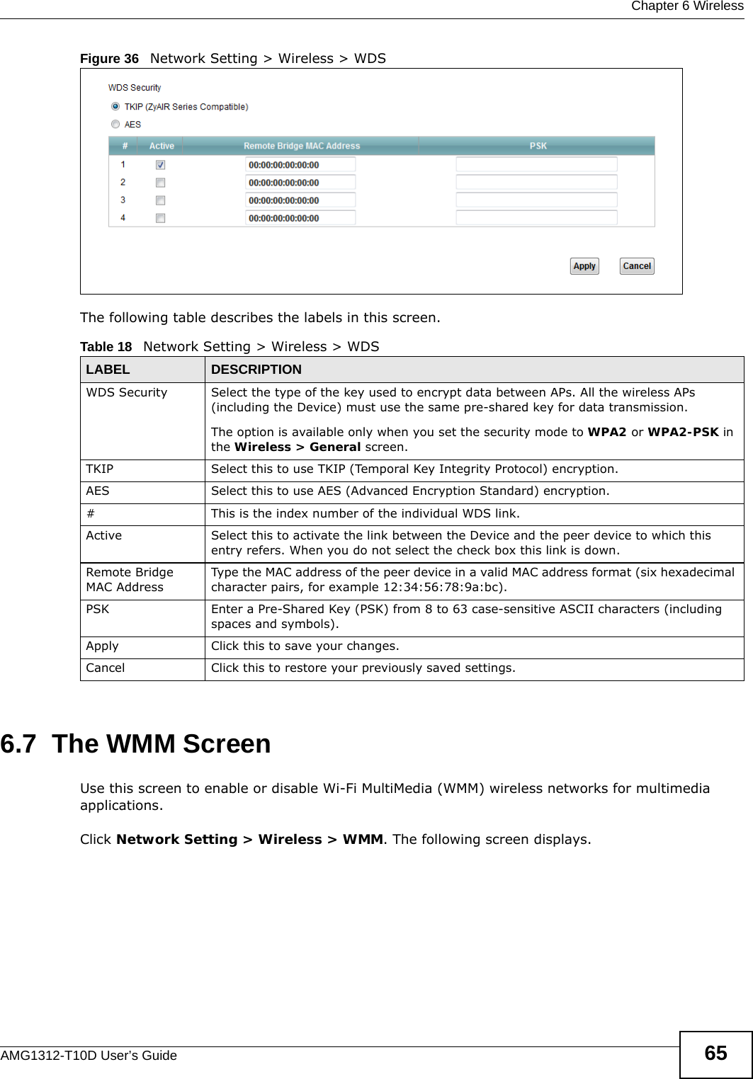  Chapter 6 WirelessAMG1312-T10D User’s Guide 65Figure 36   Network Setting &gt; Wireless &gt; WDSThe following table describes the labels in this screen.6.7  The WMM ScreenUse this screen to enable or disable Wi-Fi MultiMedia (WMM) wireless networks for multimedia applications.Click Network Setting &gt; Wireless &gt; WMM. The following screen displays.Table 18   Network Setting &gt; Wireless &gt; WDSLABEL DESCRIPTIONWDS Security Select the type of the key used to encrypt data between APs. All the wireless APs (including the Device) must use the same pre-shared key for data transmission.The option is available only when you set the security mode to WPA2 or WPA2-PSK in the Wireless &gt; General screen.TKIP Select this to use TKIP (Temporal Key Integrity Protocol) encryption.AES Select this to use AES (Advanced Encryption Standard) encryption. # This is the index number of the individual WDS link.Active Select this to activate the link between the Device and the peer device to which this entry refers. When you do not select the check box this link is down.Remote Bridge MAC AddressType the MAC address of the peer device in a valid MAC address format (six hexadecimal character pairs, for example 12:34:56:78:9a:bc).PSK Enter a Pre-Shared Key (PSK) from 8 to 63 case-sensitive ASCII characters (including spaces and symbols).Apply Click this to save your changes.Cancel Click this to restore your previously saved settings.