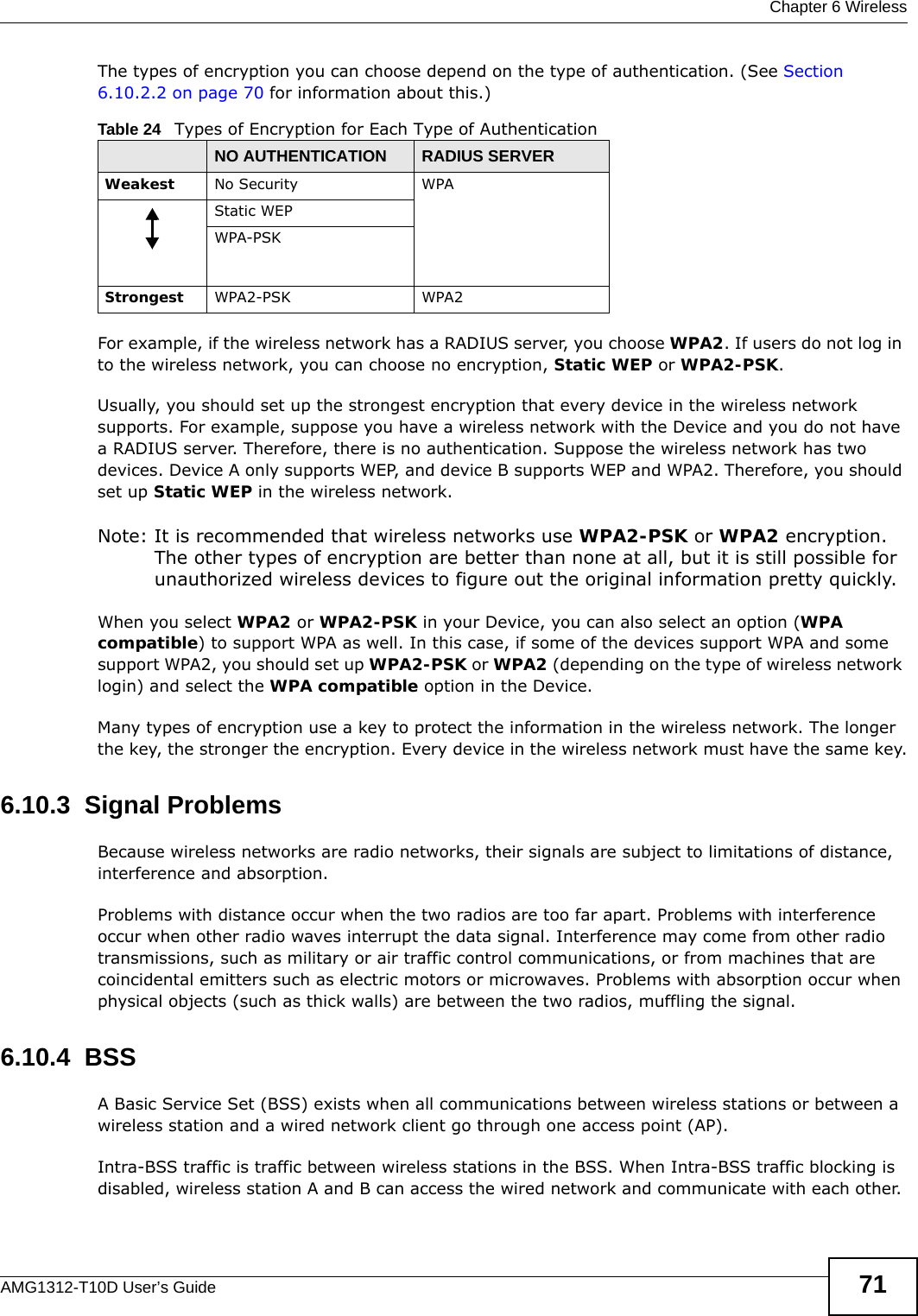  Chapter 6 WirelessAMG1312-T10D User’s Guide 71The types of encryption you can choose depend on the type of authentication. (See Section 6.10.2.2 on page 70 for information about this.)For example, if the wireless network has a RADIUS server, you choose WPA2. If users do not log in to the wireless network, you can choose no encryption, Static WEP or WPA2-PSK.Usually, you should set up the strongest encryption that every device in the wireless network supports. For example, suppose you have a wireless network with the Device and you do not have a RADIUS server. Therefore, there is no authentication. Suppose the wireless network has two devices. Device A only supports WEP, and device B supports WEP and WPA2. Therefore, you should set up Static WEP in the wireless network.Note: It is recommended that wireless networks use WPA2-PSK or WPA2 encryption. The other types of encryption are better than none at all, but it is still possible for unauthorized wireless devices to figure out the original information pretty quickly.When you select WPA2 or WPA2-PSK in your Device, you can also select an option (WPA compatible) to support WPA as well. In this case, if some of the devices support WPA and some support WPA2, you should set up WPA2-PSK or WPA2 (depending on the type of wireless network login) and select the WPA compatible option in the Device.Many types of encryption use a key to protect the information in the wireless network. The longer the key, the stronger the encryption. Every device in the wireless network must have the same key.6.10.3  Signal ProblemsBecause wireless networks are radio networks, their signals are subject to limitations of distance, interference and absorption.Problems with distance occur when the two radios are too far apart. Problems with interference occur when other radio waves interrupt the data signal. Interference may come from other radio transmissions, such as military or air traffic control communications, or from machines that are coincidental emitters such as electric motors or microwaves. Problems with absorption occur when physical objects (such as thick walls) are between the two radios, muffling the signal.6.10.4  BSSA Basic Service Set (BSS) exists when all communications between wireless stations or between a wireless station and a wired network client go through one access point (AP). Intra-BSS traffic is traffic between wireless stations in the BSS. When Intra-BSS traffic blocking is disabled, wireless station A and B can access the wired network and communicate with each other. Table 24   Types of Encryption for Each Type of AuthenticationNO AUTHENTICATION RADIUS SERVERWeakest No Security WPAStatic WEPWPA-PSKStrongest WPA2-PSK WPA2
