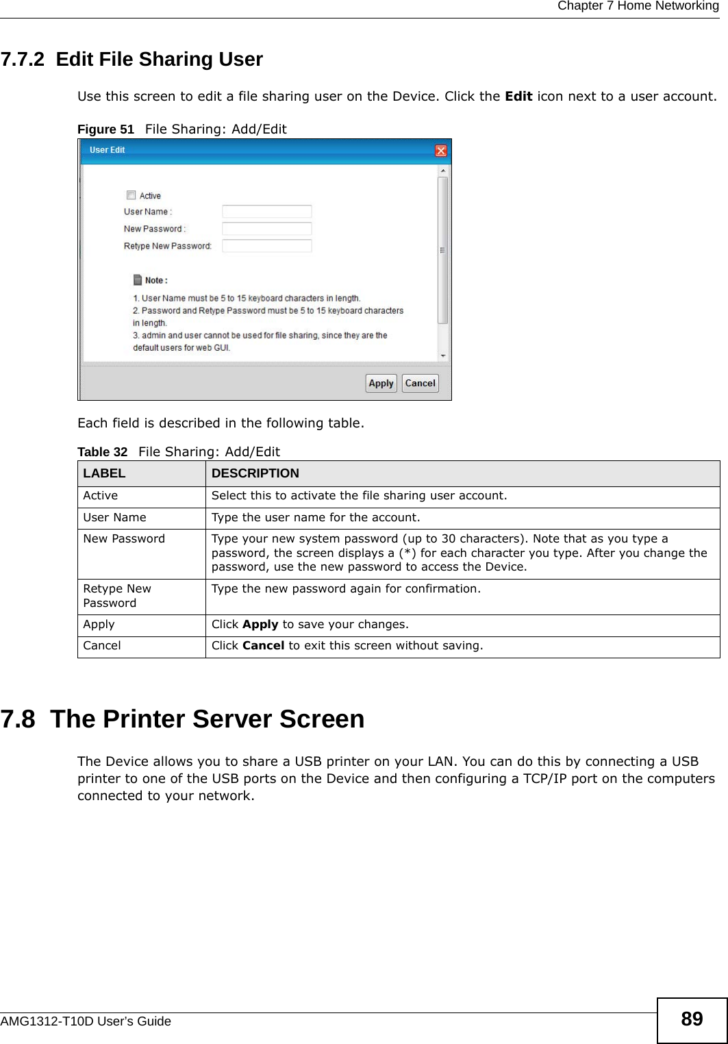  Chapter 7 Home NetworkingAMG1312-T10D User’s Guide 897.7.2  Edit File Sharing UserUse this screen to edit a file sharing user on the Device. Click the Edit icon next to a user account.Figure 51   File Sharing: Add/EditEach field is described in the following table.7.8  The Printer Server ScreenThe Device allows you to share a USB printer on your LAN. You can do this by connecting a USB printer to one of the USB ports on the Device and then configuring a TCP/IP port on the computers connected to your network. Table 32   File Sharing: Add/EditLABEL DESCRIPTIONActive Select this to activate the file sharing user account.User Name Type the user name for the account.New Password Type your new system password (up to 30 characters). Note that as you type a password, the screen displays a (*) for each character you type. After you change the password, use the new password to access the Device.Retype New PasswordType the new password again for confirmation.Apply Click Apply to save your changes.Cancel Click Cancel to exit this screen without saving.