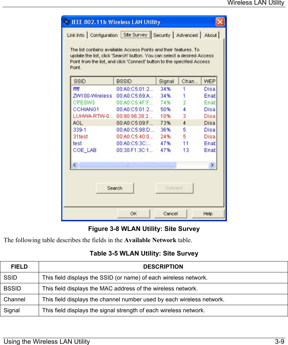     Wireless LAN Utility  Using the Wireless LAN Utility    3-9  Figure 3-8 WLAN Utility: Site Survey The following table describes the fields in the Available Network table.  Table 3-5 WLAN Utility: Site Survey FIELD DESCRIPTION SSID  This field displays the SSID (or name) of each wireless network.  BSSID  This field displays the MAC address of the wireless network. Channel  This field displays the channel number used by each wireless network. Signal   This field displays the signal strength of each wireless network. 