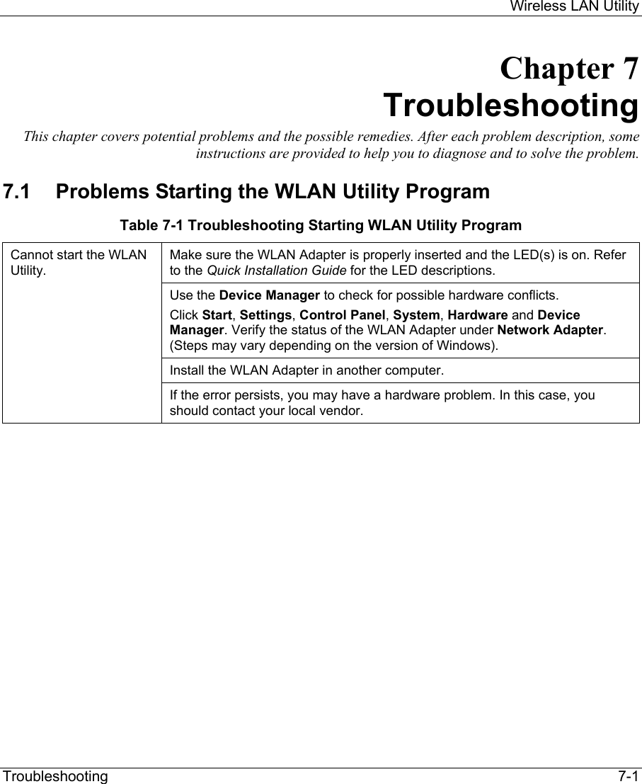     Wireless LAN Utility  Troubleshooting   7-1 Chapter 7 Troubleshooting This chapter covers potential problems and the possible remedies. After each problem description, some instructions are provided to help you to diagnose and to solve the problem. 7.1  Problems Starting the WLAN Utility Program Table 7-1 Troubleshooting Starting WLAN Utility Program Make sure the WLAN Adapter is properly inserted and the LED(s) is on. Refer to the Quick Installation Guide for the LED descriptions.   Use the Device Manager to check for possible hardware conflicts. Click Start, Settings, Control Panel, System, Hardware and Device Manager. Verify the status of the WLAN Adapter under Network Adapter.  (Steps may vary depending on the version of Windows). Install the WLAN Adapter in another computer.  Cannot start the WLAN Utility.   If the error persists, you may have a hardware problem. In this case, you should contact your local vendor.               