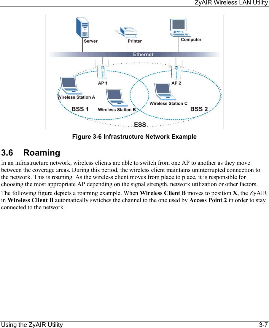     ZyAIR Wireless LAN Utility  Using the ZyAIR Utility    3-7  Figure 3-6 Infrastructure Network Example 3.6 Roaming In an infrastructure network, wireless clients are able to switch from one AP to another as they move between the coverage areas. During this period, the wireless client maintains uninterrupted connection to the network. This is roaming. As the wireless client moves from place to place, it is responsible for choosing the most appropriate AP depending on the signal strength, network utilization or other factors. The following figure depicts a roaming example. When Wireless Client B moves to position X, the ZyAIR in Wireless Client B automatically switches the channel to the one used by Access Point 2 in order to stay connected to the network. 