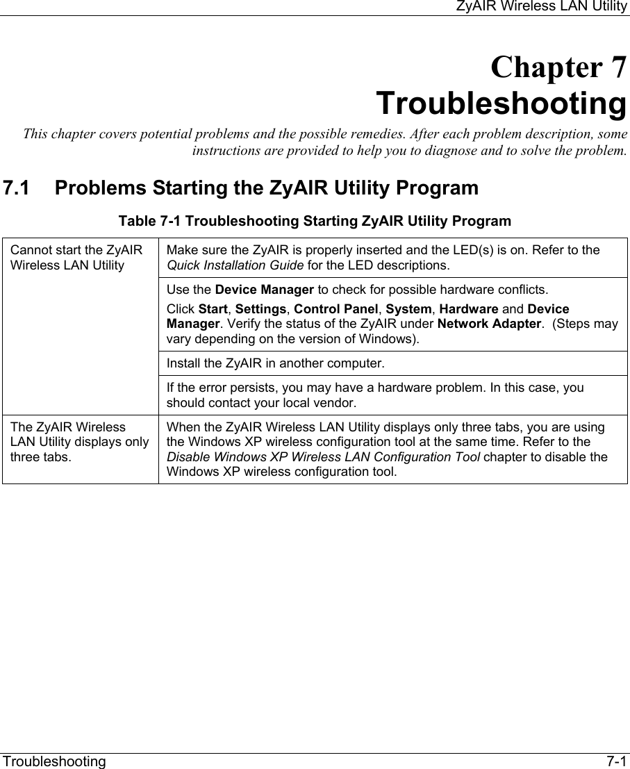     ZyAIR Wireless LAN Utility  Troubleshooting   7-1 Chapter 7 Troubleshooting This chapter covers potential problems and the possible remedies. After each problem description, some instructions are provided to help you to diagnose and to solve the problem. 7.1  Problems Starting the ZyAIR Utility Program Table 7-1 Troubleshooting Starting ZyAIR Utility Program Make sure the ZyAIR is properly inserted and the LED(s) is on. Refer to the Quick Installation Guide for the LED descriptions.  Use the Device Manager to check for possible hardware conflicts. Click Start, Settings, Control Panel, System, Hardware and Device Manager. Verify the status of the ZyAIR under Network Adapter.  (Steps may vary depending on the version of Windows). Install the ZyAIR in another computer.  Cannot start the ZyAIR Wireless LAN Utility  If the error persists, you may have a hardware problem. In this case, you should contact your local vendor. The ZyAIR Wireless LAN Utility displays only three tabs.  When the ZyAIR Wireless LAN Utility displays only three tabs, you are using the Windows XP wireless configuration tool at the same time. Refer to the Disable Windows XP Wireless LAN Configuration Tool chapter to disable the Windows XP wireless configuration tool.             