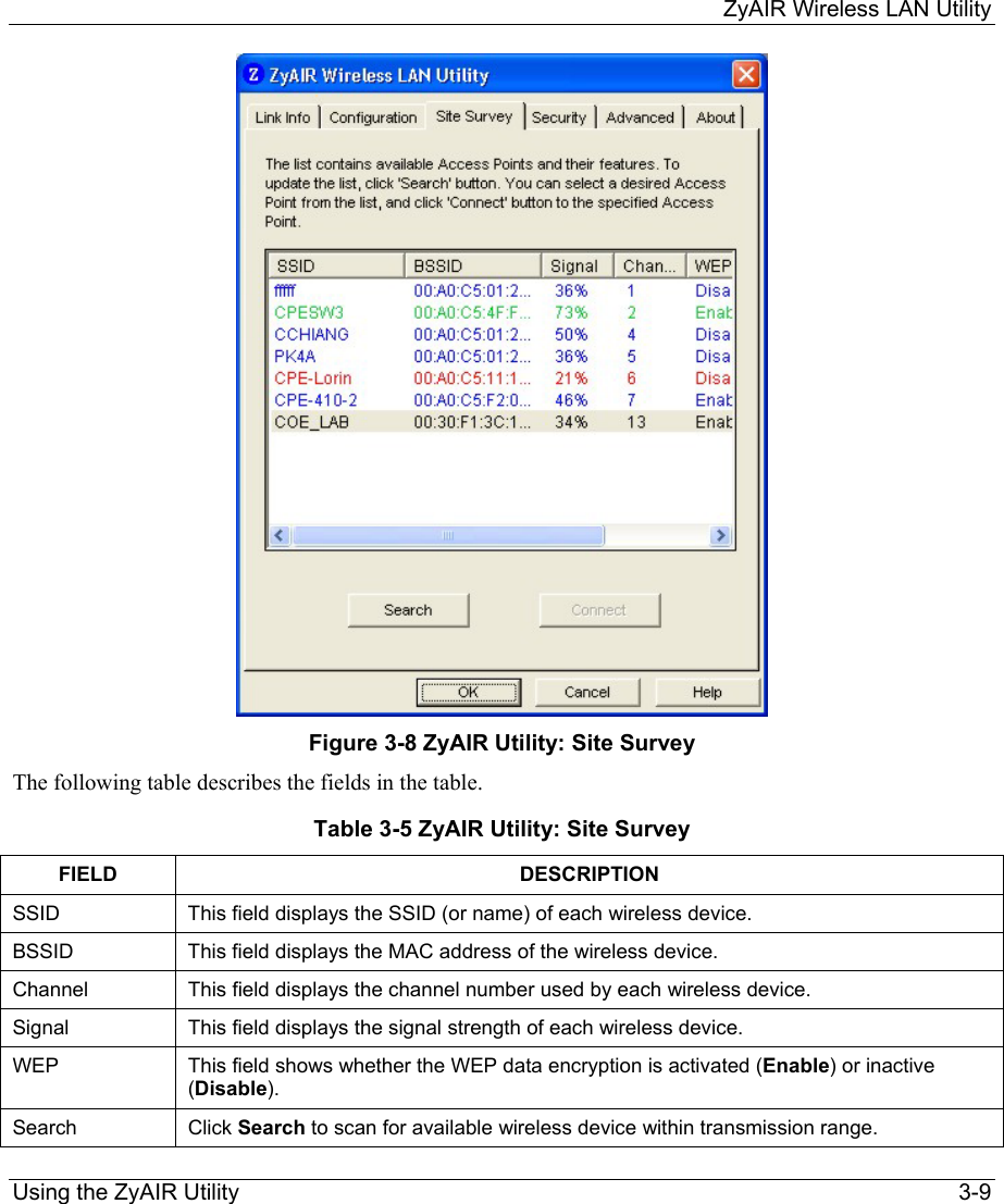    ZyAIR Wireless LAN Utility  Using the ZyAIR Utility    3-9  Figure 3-8 ZyAIR Utility: Site Survey The following table describes the fields in the table.  Table 3-5 ZyAIR Utility: Site Survey FIELD DESCRIPTION SSID  This field displays the SSID (or name) of each wireless device.  BSSID  This field displays the MAC address of the wireless device.  Channel  This field displays the channel number used by each wireless device. Signal   This field displays the signal strength of each wireless device. WEP   This field shows whether the WEP data encryption is activated (Enable) or inactive (Disable).  Search   Click Search to scan for available wireless device within transmission range.  