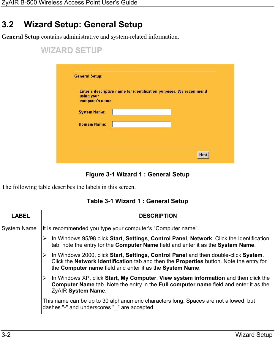 ZyAIR B-500 Wireless Access Point User’s Guide  3-2        Wizard Setup 3.2  Wizard Setup: General Setup General Setup contains administrative and system-related information.  Figure 3-1 Wizard 1 : General Setup The following table describes the labels in this screen. Table 3-1 Wizard 1 : General Setup LABEL DESCRIPTION System Name  It is recommended you type your computer&apos;s &quot;Computer name&quot;.   In Windows 95/98 click Start, Settings, Control Panel, Network. Click the Identification tab, note the entry for the Computer Name field and enter it as the System Name.  In Windows 2000, click Start, Settings, Control Panel and then double-click System. Click the Network Identification tab and then the Properties button. Note the entry for the Computer name field and enter it as the System Name.  In Windows XP, click Start, My Computer, View system information and then click the Computer Name tab. Note the entry in the Full computer name field and enter it as the ZyAIR System Name. This name can be up to 30 alphanumeric characters long. Spaces are not allowed, but dashes &quot;-&quot; and underscores &quot;_&quot; are accepted. 