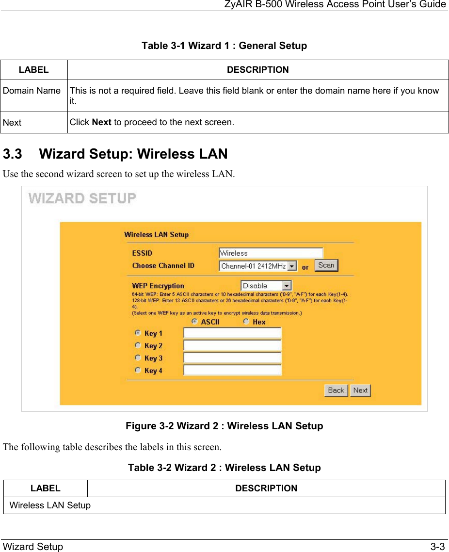 ZyAIR B-500 Wireless Access Point User’s Guide  Wizard Setup  3-3 Table 3-1 Wizard 1 : General Setup LABEL DESCRIPTION Domain Name  This is not a required field. Leave this field blank or enter the domain name here if you know it. Next  Click Next to proceed to the next screen.  3.3  Wizard Setup: Wireless LAN Use the second wizard screen to set up the wireless LAN.  Figure 3-2 Wizard 2 : Wireless LAN Setup The following table describes the labels in this screen. Table 3-2 Wizard 2 : Wireless LAN Setup LABEL DESCRIPTION Wireless LAN Setup 