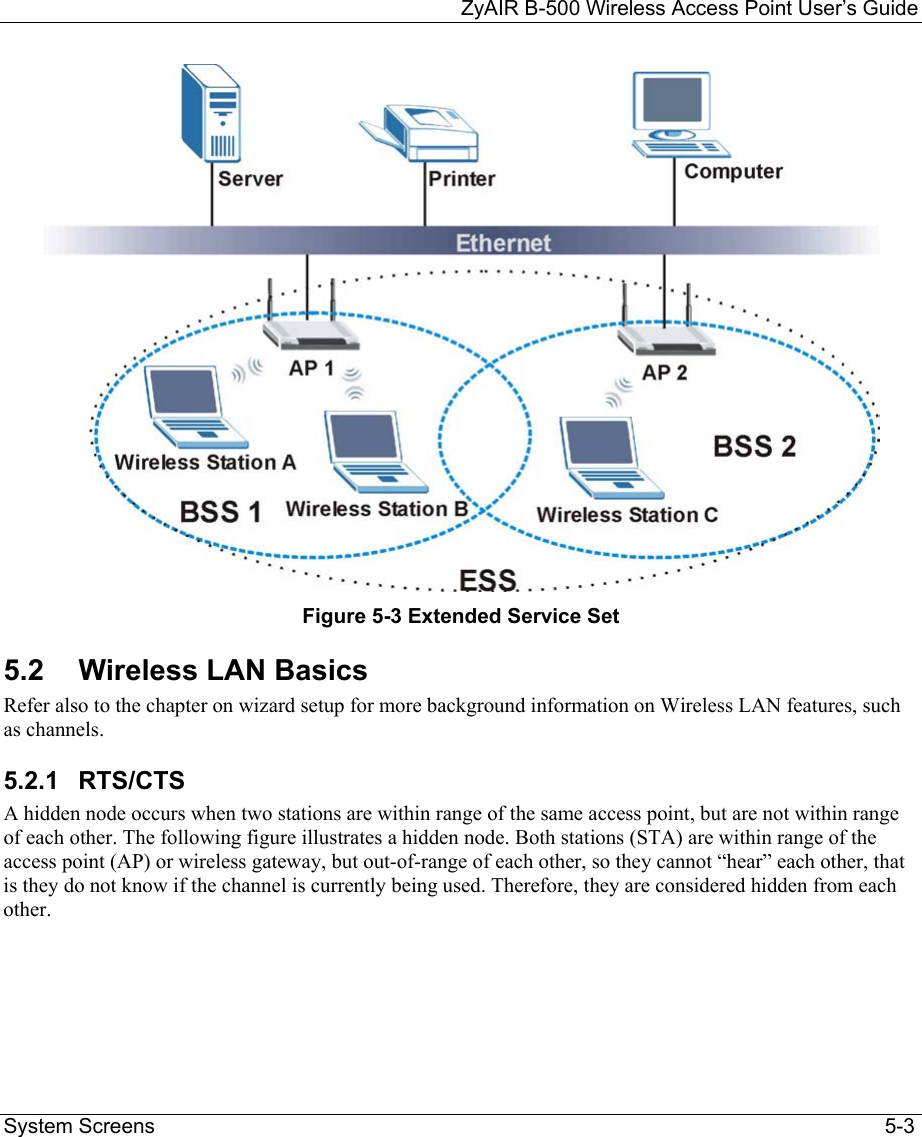 ZyAIR B-500 Wireless Access Point User’s Guide  System Screens                                                                                                                              5-3  Figure 5-3 Extended Service Set 5.2  Wireless LAN Basics  Refer also to the chapter on wizard setup for more background information on Wireless LAN features, such as channels. 5.2.1 RTS/CTS  A hidden node occurs when two stations are within range of the same access point, but are not within range of each other. The following figure illustrates a hidden node. Both stations (STA) are within range of the access point (AP) or wireless gateway, but out-of-range of each other, so they cannot “hear” each other, that is they do not know if the channel is currently being used. Therefore, they are considered hidden from each other.  