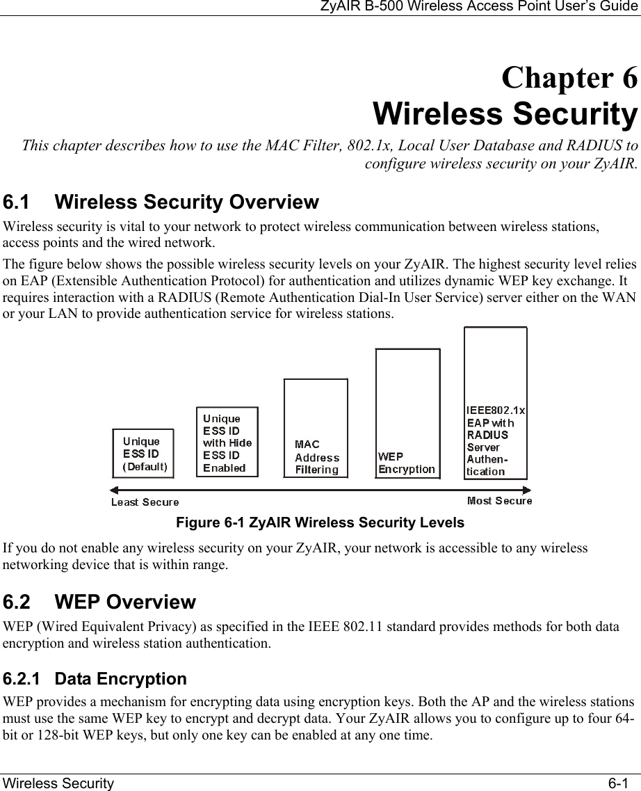 ZyAIR B-500 Wireless Access Point User’s Guide  Wireless Security                                                       6-1 Chapter 6    Wireless Security This chapter describes how to use the MAC Filter, 802.1x, Local User Database and RADIUS to configure wireless security on your ZyAIR. 6.1 Wireless Security Overview Wireless security is vital to your network to protect wireless communication between wireless stations, access points and the wired network. The figure below shows the possible wireless security levels on your ZyAIR. The highest security level relies on EAP (Extensible Authentication Protocol) for authentication and utilizes dynamic WEP key exchange. It requires interaction with a RADIUS (Remote Authentication Dial-In User Service) server either on the WAN or your LAN to provide authentication service for wireless stations.   Figure 6-1 ZyAIR Wireless Security Levels If you do not enable any wireless security on your ZyAIR, your network is accessible to any wireless networking device that is within range.  6.2 WEP Overview WEP (Wired Equivalent Privacy) as specified in the IEEE 802.11 standard provides methods for both data encryption and wireless station authentication.  6.2.1  Data Encryption  WEP provides a mechanism for encrypting data using encryption keys. Both the AP and the wireless stations must use the same WEP key to encrypt and decrypt data. Your ZyAIR allows you to configure up to four 64-bit or 128-bit WEP keys, but only one key can be enabled at any one time.    