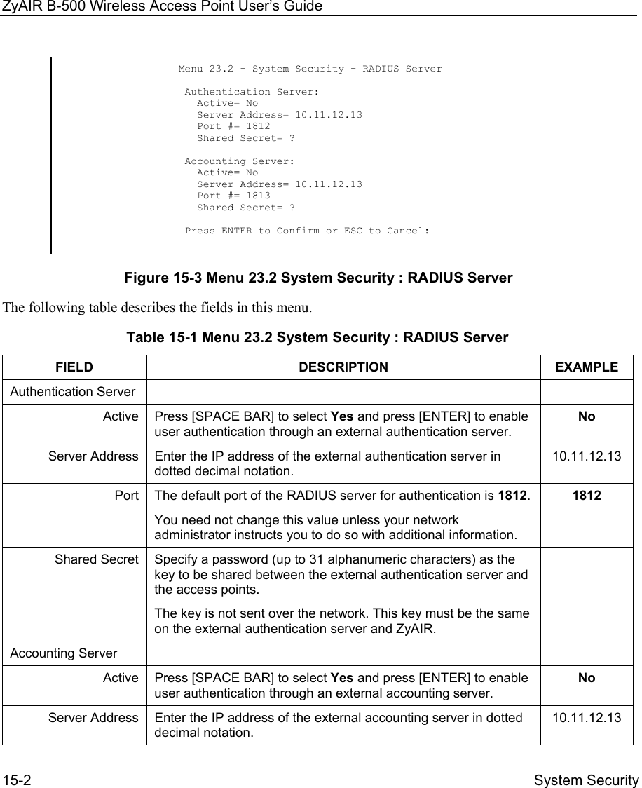ZyAIR B-500 Wireless Access Point User’s Guide 15-2  System Security            Figure 15-3 Menu 23.2 System Security : RADIUS Server The following table describes the fields in this menu.  Table 15-1 Menu 23.2 System Security : RADIUS Server FIELD DESCRIPTION  EXAMPLE Authentication Server   Active  Press [SPACE BAR] to select Yes and press [ENTER] to enable user authentication through an external authentication server.  No Server Address  Enter the IP address of the external authentication server in dotted decimal notation.  10.11.12.13 Port  The default port of the RADIUS server for authentication is 1812.  You need not change this value unless your network administrator instructs you to do so with additional information.   1812 Shared Secret  Specify a password (up to 31 alphanumeric characters) as the key to be shared between the external authentication server and the access points.  The key is not sent over the network. This key must be the same on the external authentication server and ZyAIR.   Accounting Server     Active  Press [SPACE BAR] to select Yes and press [ENTER] to enable user authentication through an external accounting server.   No Server Address  Enter the IP address of the external accounting server in dotted decimal notation.  10.11.12.13                    Menu 23.2 - System Security - RADIUS Server                      Authentication Server:                       Active= No                       Server Address= 10.11.12.13                       Port #= 1812                       Shared Secret= ?                      Accounting Server:                       Active= No                       Server Address= 10.11.12.13                       Port #= 1813                       Shared Secret= ?                      Press ENTER to Confirm or ESC to Cancel: 