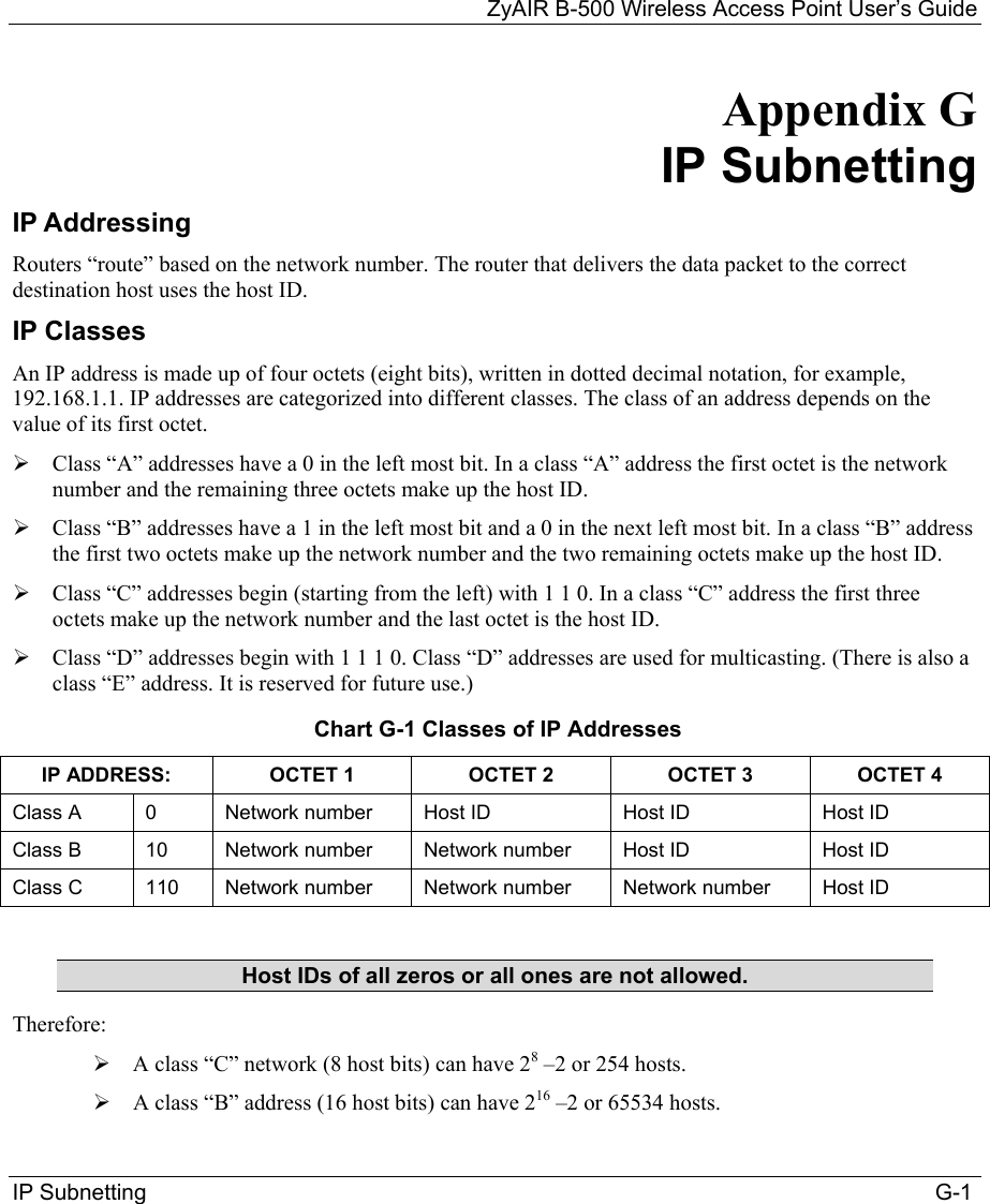 ZyAIR B-500 Wireless Access Point User’s Guide IP Subnetting                                                                                                                               G-1 Appendix G     IP Subnetting IP Addressing  Routers “route” based on the network number. The router that delivers the data packet to the correct destination host uses the host ID.  IP Classes An IP address is made up of four octets (eight bits), written in dotted decimal notation, for example, 192.168.1.1. IP addresses are categorized into different classes. The class of an address depends on the value of its first octet.   Class “A” addresses have a 0 in the left most bit. In a class “A” address the first octet is the network number and the remaining three octets make up the host ID.  Class “B” addresses have a 1 in the left most bit and a 0 in the next left most bit. In a class “B” address the first two octets make up the network number and the two remaining octets make up the host ID.  Class “C” addresses begin (starting from the left) with 1 1 0. In a class “C” address the first three octets make up the network number and the last octet is the host ID.  Class “D” addresses begin with 1 1 1 0. Class “D” addresses are used for multicasting. (There is also a class “E” address. It is reserved for future use.)   Chart G-1 Classes of IP Addresses IP ADDRESS:  OCTET 1  OCTET 2  OCTET 3  OCTET 4 Class A  0  Network number  Host ID  Host ID  Host ID Class B  10  Network number  Network number  Host ID  Host ID Class C  110  Network number  Network number  Network number  Host ID  Host IDs of all zeros or all ones are not allowed. Therefore:  A class “C” network (8 host bits) can have 28 –2 or 254 hosts.   A class “B” address (16 host bits) can have 216 –2 or 65534 hosts.  