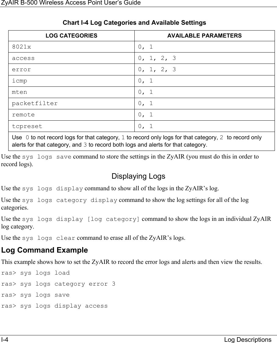 ZyAIR B-500 Wireless Access Point User’s Guide I-4                                                                                                                          Log Descriptions Chart I-4 Log Categories and Available Settings LOG CATEGORIES  AVAILABLE PARAMETERS 8021x 0, 1 access  0, 1, 2, 3 error  0, 1, 2, 3 icmp 0, 1 mten 0, 1 packetfilter 0, 1 remote 0, 1 tcpreset 0, 1 Use 0 to not record logs for that category, 1 to record only logs for that category, 2 to record only alerts for that category, and 3 to record both logs and alerts for that category. Use the sys logs save command to store the settings in the ZyAIR (you must do this in order to record logs). Displaying Logs Use the sys logs display command to show all of the logs in the ZyAIR’s log. Use the sys logs category display command to show the log settings for all of the log categories. Use the sys logs display [log category] command to show the logs in an individual ZyAIR log category. Use the sys logs clear command to erase all of the ZyAIR’s logs. Log Command Example This example shows how to set the ZyAIR to record the error logs and alerts and then view the results. ras&gt; sys logs load ras&gt; sys logs category error 3 ras&gt; sys logs save ras&gt; sys logs display access  