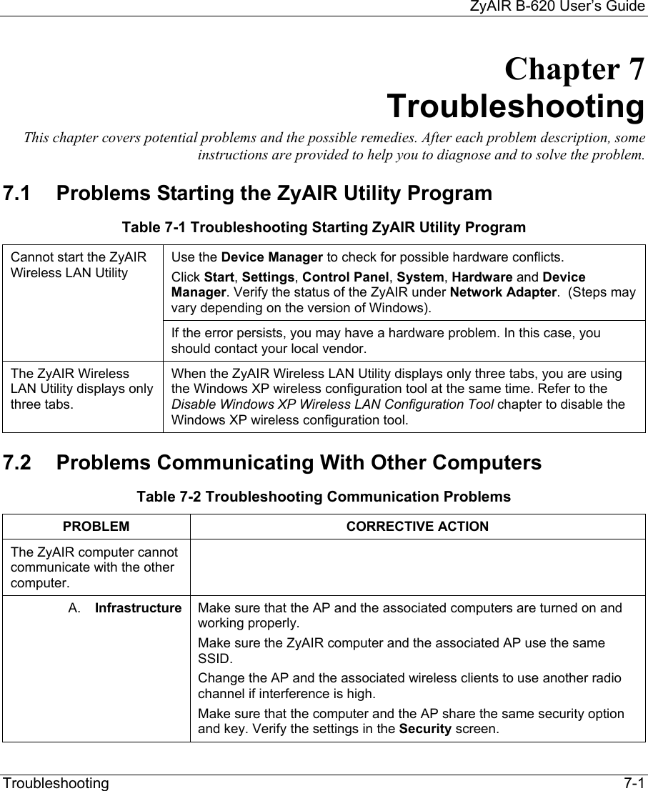     ZyAIR B-620 User’s Guide Troubleshooting   7-1 Chapter 7 Troubleshooting This chapter covers potential problems and the possible remedies. After each problem description, some instructions are provided to help you to diagnose and to solve the problem. 7.1  Problems Starting the ZyAIR Utility Program Table 7-1 Troubleshooting Starting ZyAIR Utility Program Use the Device Manager to check for possible hardware conflicts. Click Start, Settings, Control Panel, System, Hardware and Device Manager. Verify the status of the ZyAIR under Network Adapter.  (Steps may vary depending on the version of Windows). Cannot start the ZyAIR Wireless LAN Utility  If the error persists, you may have a hardware problem. In this case, you should contact your local vendor. The ZyAIR Wireless LAN Utility displays only three tabs.  When the ZyAIR Wireless LAN Utility displays only three tabs, you are using the Windows XP wireless configuration tool at the same time. Refer to the Disable Windows XP Wireless LAN Configuration Tool chapter to disable the Windows XP wireless configuration tool. 7.2  Problems Communicating With Other Computers Table 7-2 Troubleshooting Communication Problems PROBLEM CORRECTIVE ACTION The ZyAIR computer cannot communicate with the other computer.   A.  Infrastructure   Make sure that the AP and the associated computers are turned on and working properly.  Make sure the ZyAIR computer and the associated AP use the same SSID. Change the AP and the associated wireless clients to use another radio channel if interference is high. Make sure that the computer and the AP share the same security option and key. Verify the settings in the Security screen. 