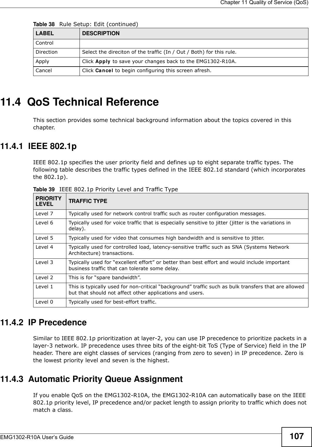  Chapter 11 Quality of Service (QoS)EMG1302-R10A User’s Guide 10711.4  QoS Technical ReferenceThis section provides some technical background information about the topics covered in this chapter.11.4.1  IEEE 802.1pIEEE 802.1p specifies the user priority field and defines up to eight separate traffic types. The following table describes the traffic types defined in the IEEE 802.1d standard (which incorporates the 802.1p). 11.4.2  IP PrecedenceSimilar to IEEE 802.1p prioritization at layer-2, you can use IP precedence to prioritize packets in a layer-3 network. IP precedence uses three bits of the eight-bit ToS (Type of Service) field in the IP header. There are eight classes of services (ranging from zero to seven) in IP precedence. Zero is the lowest priority level and seven is the highest.11.4.3  Automatic Priority Queue AssignmentIf you enable QoS on the EMG1302-R10A, the EMG1302-R10A can automatically base on the IEEE 802.1p priority level, IP precedence and/or packet length to assign priority to traffic which does not match a class.ControlDirection Select the direciton of the traffic (In / Out / Both) for this rule. Apply Click Apply  to save your changes back to the EMG1302-R10A.Cancel Click Cancel to begin configuring this screen afresh.Table 38   Rule Setup: Edit (continued)LABEL DESCRIPTIONTable 39   IEEE 802.1p Priority Level and Traffic TypePRIORITY LEVEL TRAFFIC TYPELevel 7 Typically used for network control traffic such as router configuration messages.Level 6 Typically used for voice traffic that is especially sensitive to jitter (jitter is the variations in delay).Level 5 Typically used for video that consumes high bandwidth and is sensitive to jitter.Level 4 Typically used for controlled load, latency-sensitive traffic such as SNA (Systems Network Architecture) transactions.Level 3 Typically used for “excellent effort” or better than best effort and would include important business traffic that can tolerate some delay.Level 2 This is for “spare bandwidth”. Level 1 This is typically used for non-critical “background” traffic such as bulk transfers that are allowed but that should not affect other applications and users. Level 0 Typically used for best-effort traffic.