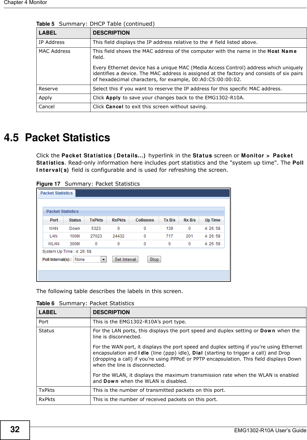 Chapter 4 MonitorEMG1302-R10A User’s Guide324.5  Packet StatisticsClick the Pa cket  Stat ist ics ( Det a ils...)  hyperlink in the Sta t us screen or M onit or  &gt;  Pack et  St a t ist ics. Read-only information here includes port statistics and the &quot;system up time&quot;. The Poll I n t e rval( s)  field is configurable and is used for refreshing the screen.Figure 17   Summary: Packet Statistics The following table describes the labels in this screen.IP Address This field displays the IP address relative to the # field listed above.MAC Address This field shows the MAC address of the computer with the name in the Host  N a m e field.Every Ethernet device has a unique MAC (Media Access Control) address which uniquely identifies a device. The MAC address is assigned at the factory and consists of six pairs of hexadecimal characters, for example, 00:A0:C5:00:00:02.Reserve Select this if you want to reserve the IP address for this specific MAC address.Apply Click Apply  to save your changes back to the EMG1302-R10A.Cancel Click Can cel to exit this screen without saving.Table 5   Summary: DHCP Table (continued)LABEL  DESCRIPTIONTable 6   Summary: Packet StatisticsLABEL DESCRIPTIONPort This is the EMG1302-R10A’s port type.Status For the LAN ports, this displays the port speed and duplex setting or Dow n when the line is disconnected.For the WAN port, it displays the port speed and duplex setting if you’re using Ethernet encapsulation and I dle (line (ppp) idle), Dial (starting to trigger a call) and Drop (dropping a call) if you’re using PPPoE or PPTP encapsulation. This field displays Down when the line is disconnected.For the WLAN, it displays the maximum transmission rate when the WLAN is enabled and Dow n when the WLAN is disabled.TxPkts  This is the number of transmitted packets on this port.RxPkts  This is the number of received packets on this port.