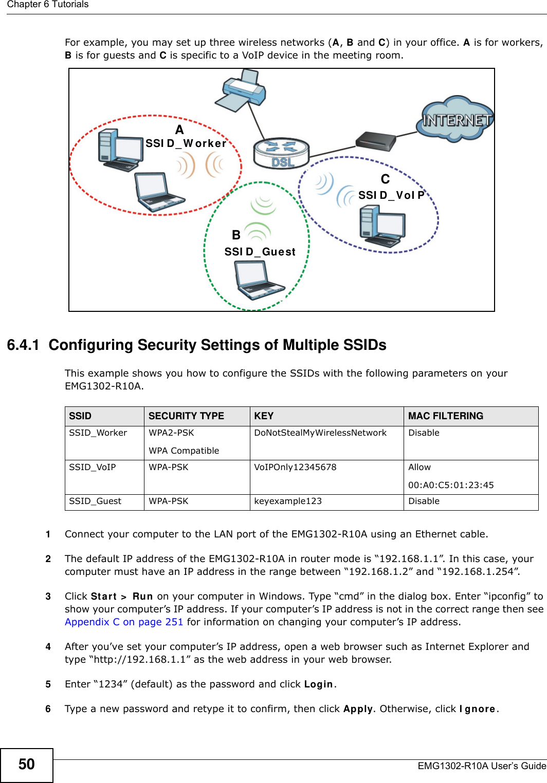 Chapter 6 TutorialsEMG1302-R10A User’s Guide50For example, you may set up three wireless networks (A, B and C) in your office. A is for workers, B is for guests and C is specific to a VoIP device in the meeting room. 6.4.1  Configuring Security Settings of Multiple SSIDsThis example shows you how to configure the SSIDs with the following parameters on your EMG1302-R10A.1Connect your computer to the LAN port of the EMG1302-R10A using an Ethernet cable. 2The default IP address of the EMG1302-R10A in router mode is “192.168.1.1”. In this case, your computer must have an IP address in the range between “192.168.1.2” and “192.168.1.254”.3Click St ar t  &gt;  Run on your computer in Windows. Type “cmd” in the dialog box. Enter “ipconfig” to show your computer’s IP address. If your computer’s IP address is not in the correct range then see Appendix C on page 251 for information on changing your computer’s IP address.4After you’ve set your computer’s IP address, open a web browser such as Internet Explorer and type “http://192.168.1.1” as the web address in your web browser.5Enter “1234” (default) as the password and click Login.6Type a new password and retype it to confirm, then click Apply. Otherwise, click I gnor e .ABCSSI D_ GuestSSI D _ W orkerSSI D _ VoI PSSID SECURITY TYPE KEY MAC FILTERINGSSID_Worker WPA2-PSKWPA Compatible DoNotStealMyWirelessNetwork DisableSSID_VoIP WPA-PSK VoIPOnly12345678 Allow00:A0:C5:01:23:45SSID_Guest WPA-PSK keyexample123 Disable