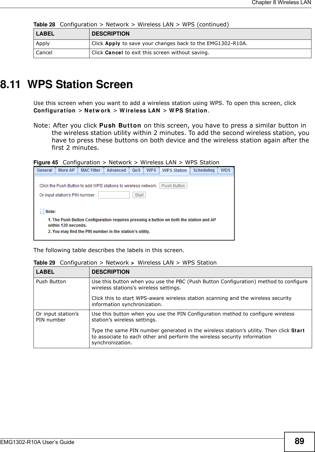  Chapter 8 Wireless LANEMG1302-R10A User’s Guide 898.11  WPS Station ScreenUse this screen when you want to add a wireless station using WPS. To open this screen, click Conf igur at ion  &gt; N e t w or k &gt; W irele ss LAN &gt; W PS St at ion.Note: After you click Push Butt on on this screen, you have to press a similar button in the wireless station utility within 2 minutes. To add the second wireless station, you have to press these buttons on both device and the wireless station again after the first 2 minutes.Figure 45   Configuration &gt; Network &gt; Wireless LAN &gt; WPS StationThe following table describes the labels in this screen.Apply Click Apply to save your changes back to the EMG1302-R10A.Cancel Click Cancel to exit this screen without saving.Table 28   Configuration &gt; Network &gt; Wireless LAN &gt; WPS (continued)LABEL DESCRIPTIONTable 29   Configuration &gt; Network &gt;  Wireless LAN &gt; WPS StationLABEL DESCRIPTIONPush Button Use this button when you use the PBC (Push Button Configuration) method to configure wireless stations’s wireless settings.Click this to start WPS-aware wireless station scanning and the wireless security information synchronization.Or input station’s PIN numberUse this button when you use the PIN Configuration method to configure wireless station’s wireless settings.Type the same PIN number generated in the wireless station’s utility. Then click St a r t  to associate to each other and perform the wireless security information synchronization.