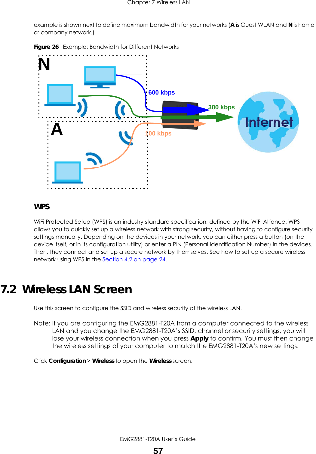  Chapter 7 Wireless LANEMG2881-T20A User’s Guide57example is shown next to define maximum bandwidth for your networks (A is Guest WLAN and N is home or company network.)Figure 26   Example: Bandwidth for Different NetworksWPSWiFi Protected Setup (WPS) is an industry standard specification, defined by the WiFi Alliance. WPS allows you to quickly set up a wireless network with strong security, without having to configure security settings manually. Depending on the devices in your network, you can either press a button (on the device itself, or in its configuration utility) or enter a PIN (Personal Identification Number) in the devices. Then, they connect and set up a secure network by themselves. See how to set up a secure wireless network using WPS in the Section 4.2 on page 24. 7.2  Wireless LAN Screen Use this screen to configure the SSID and wireless security of the wireless LAN.Note: If you are configuring the EMG2881-T20A from a computer connected to the wireless LAN and you change the EMG2881-T20A’s SSID, channel or security settings, you will lose your wireless connection when you press Apply to confirm. You must then change the wireless settings of your computer to match the EMG2881-T20A’s new settings.Click Configuration &gt; Wireless to open the Wireless screen.600 kbps100 kbps300 kbpsNA