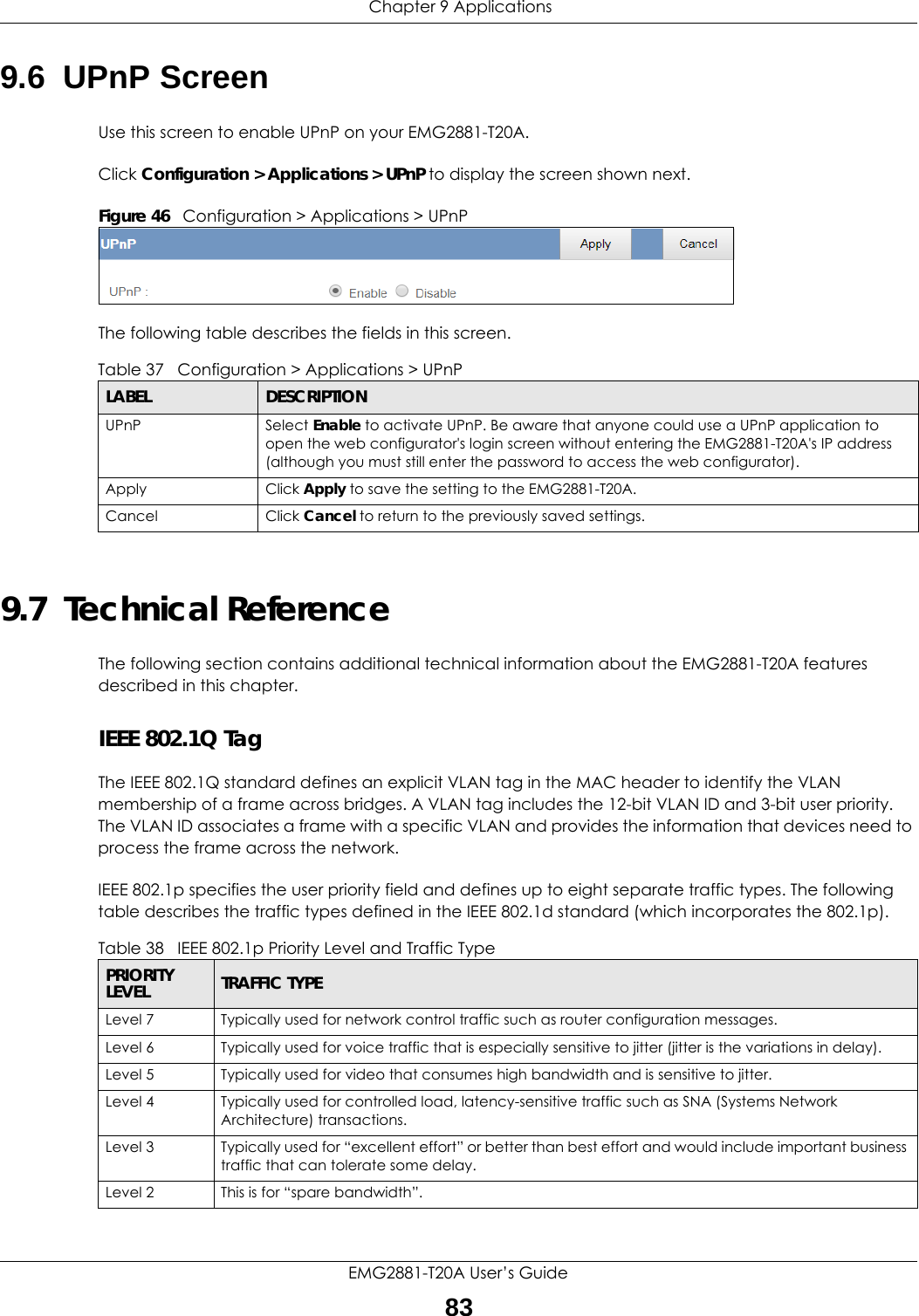  Chapter 9 ApplicationsEMG2881-T20A User’s Guide839.6  UPnP ScreenUse this screen to enable UPnP on your EMG2881-T20A.Click Configuration &gt; Applications &gt; UPnP to display the screen shown next. Figure 46   Configuration &gt; Applications &gt; UPnPThe following table describes the fields in this screen.9.7  Technical ReferenceThe following section contains additional technical information about the EMG2881-T20A features described in this chapter.IEEE 802.1Q TagThe IEEE 802.1Q standard defines an explicit VLAN tag in the MAC header to identify the VLAN membership of a frame across bridges. A VLAN tag includes the 12-bit VLAN ID and 3-bit user priority. The VLAN ID associates a frame with a specific VLAN and provides the information that devices need to process the frame across the network. IEEE 802.1p specifies the user priority field and defines up to eight separate traffic types. The following table describes the traffic types defined in the IEEE 802.1d standard (which incorporates the 802.1p).  Table 37   Configuration &gt; Applications &gt; UPnPLABEL DESCRIPTIONUPnP Select Enable to activate UPnP. Be aware that anyone could use a UPnP application to open the web configurator&apos;s login screen without entering the EMG2881-T20A&apos;s IP address (although you must still enter the password to access the web configurator).Apply Click Apply to save the setting to the EMG2881-T20A.Cancel Click Cancel to return to the previously saved settings.Table 38   IEEE 802.1p Priority Level and Traffic TypePRIORITY LEVEL TRAFFIC TYPELevel 7 Typically used for network control traffic such as router configuration messages.Level 6 Typically used for voice traffic that is especially sensitive to jitter (jitter is the variations in delay).Level 5 Typically used for video that consumes high bandwidth and is sensitive to jitter.Level 4 Typically used for controlled load, latency-sensitive traffic such as SNA (Systems Network Architecture) transactions.Level 3 Typically used for “excellent effort” or better than best effort and would include important business traffic that can tolerate some delay.Level 2 This is for “spare bandwidth”. 