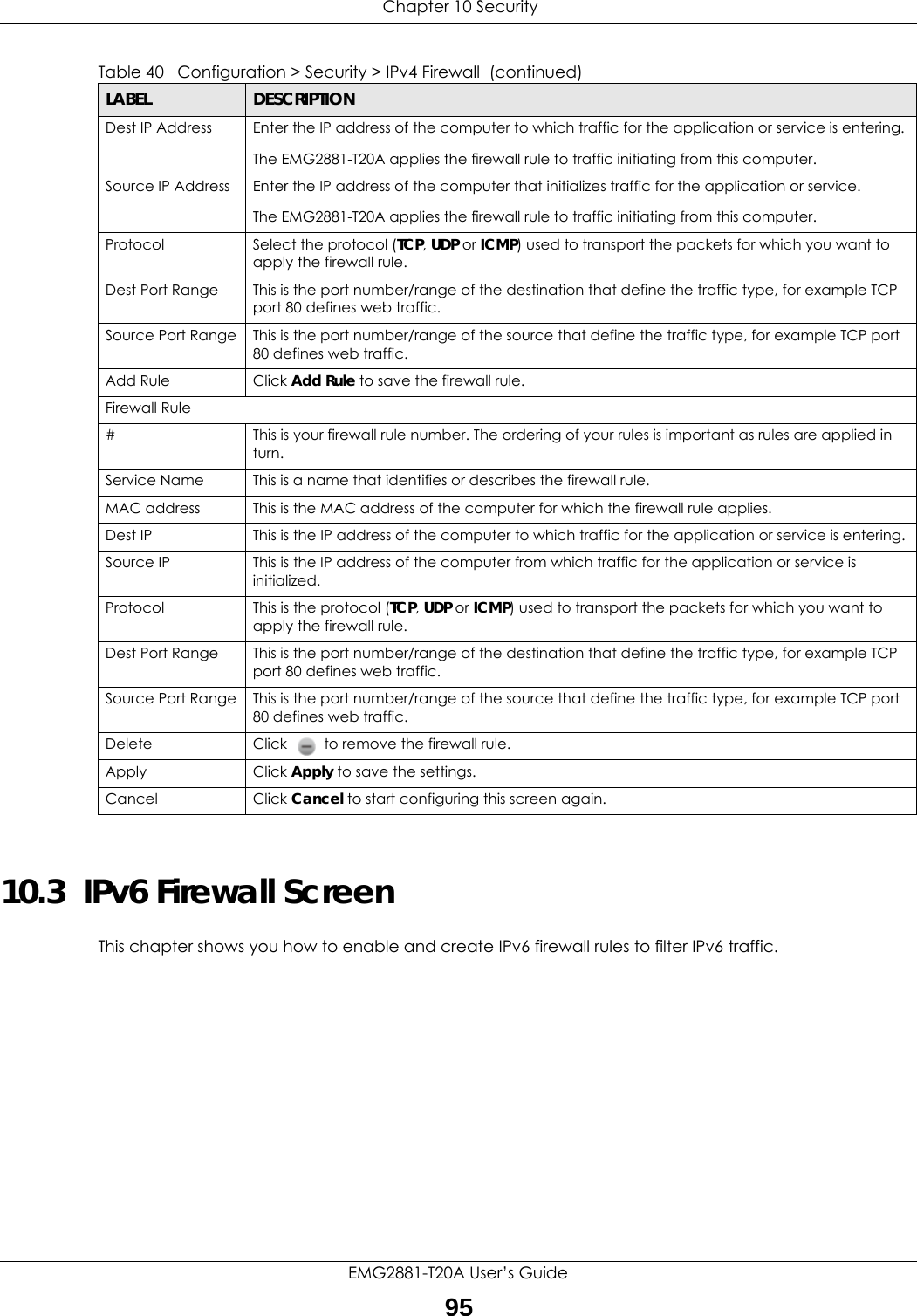  Chapter 10 SecurityEMG2881-T20A User’s Guide9510.3  IPv6 Firewall Screen This chapter shows you how to enable and create IPv6 firewall rules to filter IPv6 traffic.Dest IP Address Enter the IP address of the computer to which traffic for the application or service is entering. The EMG2881-T20A applies the firewall rule to traffic initiating from this computer. Source IP Address Enter the IP address of the computer that initializes traffic for the application or service.The EMG2881-T20A applies the firewall rule to traffic initiating from this computer.Protocol  Select the protocol (TCP, UDP or ICMP) used to transport the packets for which you want to apply the firewall rule.Dest Port Range This is the port number/range of the destination that define the traffic type, for example TCP port 80 defines web traffic.Source Port Range This is the port number/range of the source that define the traffic type, for example TCP port 80 defines web traffic.Add Rule Click Add Rule to save the firewall rule. Firewall Rule# This is your firewall rule number. The ordering of your rules is important as rules are applied in turn. Service Name This is a name that identifies or describes the firewall rule.MAC address This is the MAC address of the computer for which the firewall rule applies.Dest IP This is the IP address of the computer to which traffic for the application or service is entering. Source IP This is the IP address of the computer from which traffic for the application or service is initialized. Protocol This is the protocol (TCP, UDP or ICMP) used to transport the packets for which you want to apply the firewall rule. Dest Port Range This is the port number/range of the destination that define the traffic type, for example TCP port 80 defines web traffic.Source Port Range This is the port number/range of the source that define the traffic type, for example TCP port 80 defines web traffic.Delete Click   to remove the firewall rule.Apply Click Apply to save the settings. Cancel Click Cancel to start configuring this screen again. Table 40   Configuration &gt; Security &gt; IPv4 Firewall  (continued)LABEL DESCRIPTION