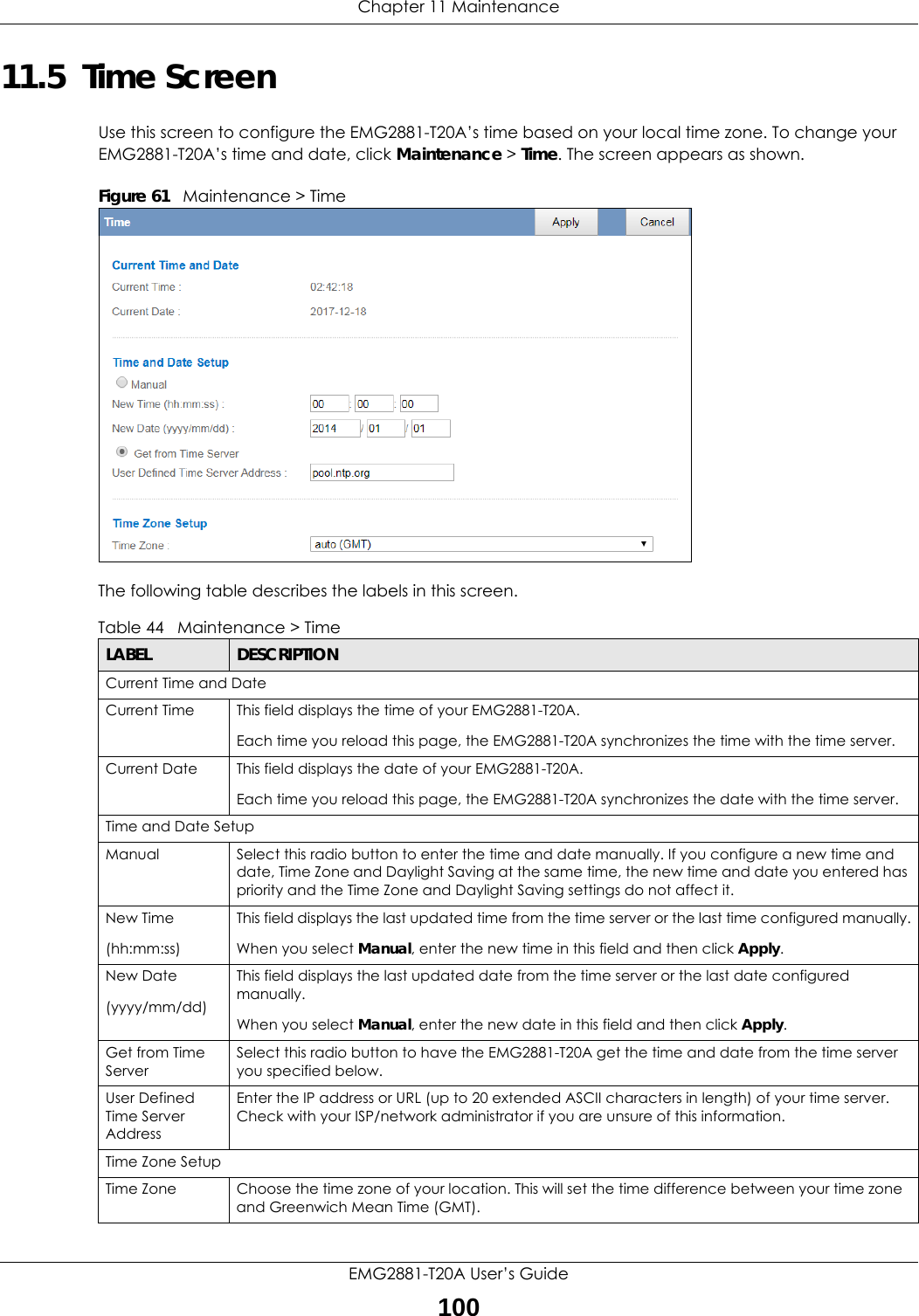 Chapter 11 MaintenanceEMG2881-T20A User’s Guide10011.5  Time ScreenUse this screen to configure the EMG2881-T20A’s time based on your local time zone. To change your EMG2881-T20A’s time and date, click Maintenance &gt; Time. The screen appears as shown. Figure 61   Maintenance &gt; Time The following table describes the labels in this screen.Table 44   Maintenance &gt; TimeLABEL DESCRIPTIONCurrent Time and DateCurrent Time  This field displays the time of your EMG2881-T20A.Each time you reload this page, the EMG2881-T20A synchronizes the time with the time server.Current Date  This field displays the date of your EMG2881-T20A. Each time you reload this page, the EMG2881-T20A synchronizes the date with the time server.Time and Date SetupManual Select this radio button to enter the time and date manually. If you configure a new time and date, Time Zone and Daylight Saving at the same time, the new time and date you entered has priority and the Time Zone and Daylight Saving settings do not affect it.New Time(hh:mm:ss)This field displays the last updated time from the time server or the last time configured manually.When you select Manual, enter the new time in this field and then click Apply. New Date (yyyy/mm/dd)This field displays the last updated date from the time server or the last date configured manually.When you select Manual, enter the new date in this field and then click Apply.Get from Time ServerSelect this radio button to have the EMG2881-T20A get the time and date from the time server you specified below.User Defined Time Server Address Enter the IP address or URL (up to 20 extended ASCII characters in length) of your time server. Check with your ISP/network administrator if you are unsure of this information.Time Zone SetupTime Zone Choose the time zone of your location. This will set the time difference between your time zone and Greenwich Mean Time (GMT). 