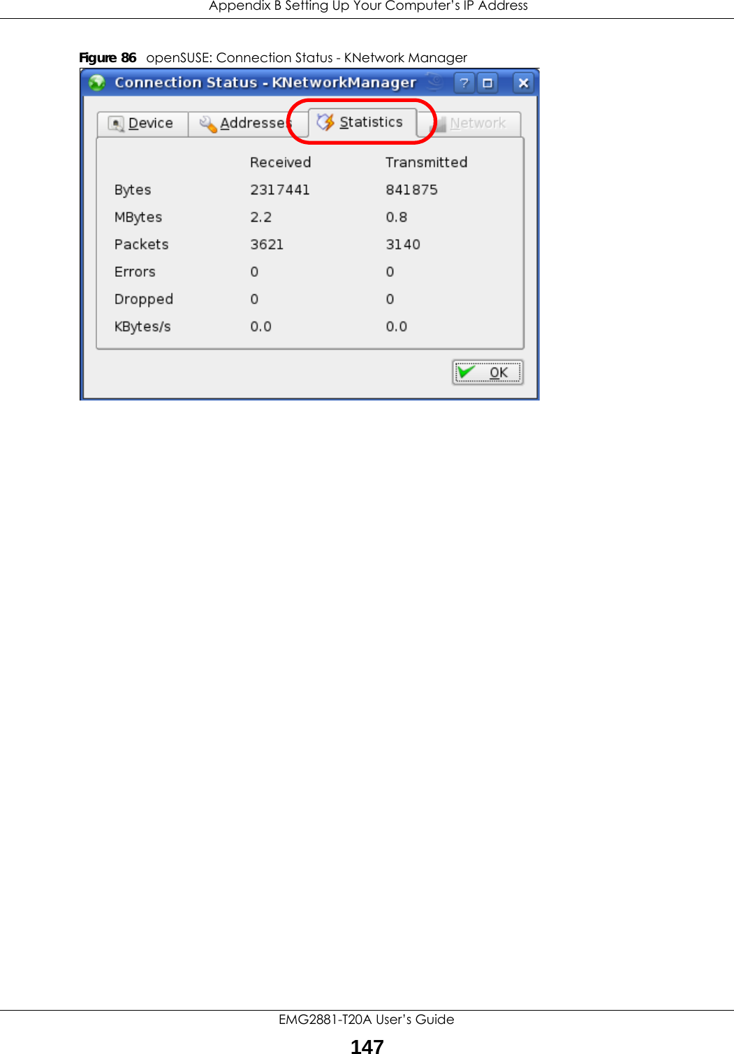  Appendix B Setting Up Your Computer’s IP AddressEMG2881-T20A User’s Guide147Figure 86   openSUSE: Connection Status - KNetwork Manager