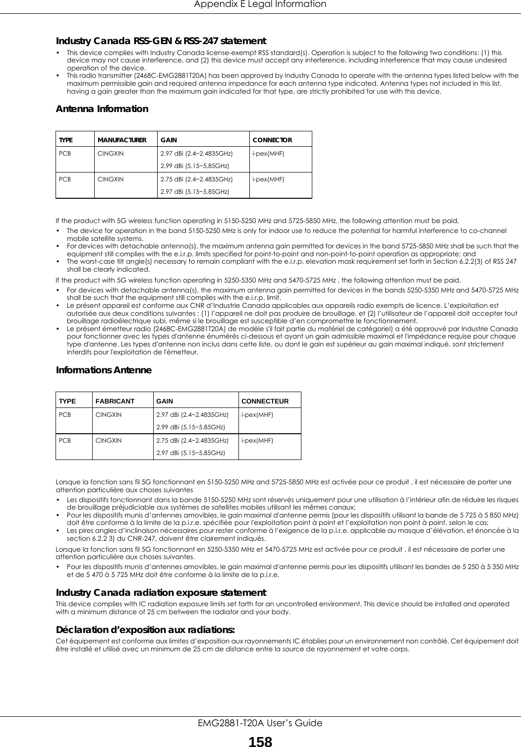 Appendix E Legal InformationEMG2881-T20A User’s Guide158Industry Canada RSS-GEN &amp; RSS-247 statement• This device complies with Industry Canada license-exempt RSS standard(s). Operation is subject to the following two conditions: (1) this device may not cause interference, and (2) this device must accept any interference, including interference that may cause undesired operation of the device.• This radio transmitter (2468C-EMG2881T20A) has been approved by Industry Canada to operate with the antenna types listed below with the maximum permissible gain and required antenna impedance for each antenna type indicated. Antenna types not included in this list, having a gain greater than the maximum gain indicated for that type, are strictly prohibited for use with this device.Antenna Information If the product with 5G wireless function operating in 5150-5250 MHz and 5725-5850 MHz, the following attention must be paid, • The device for operation in the band 5150-5250 MHz is only for indoor use to reduce the potential for harmful interference to co-channel mobile satellite systems.• For devices with detachable antenna(s), the maximum antenna gain permitted for devices in the band 5725-5850 MHz shall be such that the equipment still complies with the e.i.r.p. limits specified for point-to-point and non-point-to-point operation as appropriate; and• The worst-case tilt angle(s) necessary to remain compliant with the e.i.r.p. elevation mask requirement set forth in Section 6.2.2(3) of RSS 247 shall be clearly indicated.If the product with 5G wireless function operating in 5250-5350 MHz and 5470-5725 MHz , the following attention must be paid.• For devices with detachable antenna(s), the maximum antenna gain permitted for devices in the bands 5250-5350 MHz and 5470-5725 MHz shall be such that the equipment still complies with the e.i.r.p. limit.• Le présent appareil est conforme aux CNR d’Industrie Canada applicables aux appareils radio exempts de licence. L’exploitation est autorisée aux deux conditions suivantes : (1) l’appareil ne doit pas produire de brouillage, et (2) l’utilisateur de l’appareil doit accepter tout brouillage radioélectrique subi, même si le brouillage est susceptible d’en compromettre le fonctionnement.• Le présent émetteur radio (2468C-EMG2881T20A) de modèle s&apos;il fait partie du matériel de catégorieI) a été approuvé par Industrie Canada pour fonctionner avec les types d&apos;antenne énumérés ci-dessous et ayant un gain admissible maximal et l&apos;impédance requise pour chaque type d&apos;antenne. Les types d&apos;antenne non inclus dans cette liste, ou dont le gain est supérieur au gain maximal indiqué, sont strictement interdits pour l&apos;exploitation de l&apos;émetteur.Informations AntenneLorsque la fonction sans fil 5G fonctionnant en 5150-5250 MHz and 5725-5850 MHz est activée pour ce produit , il est nécessaire de porter une attention particulière aux choses suivantes• Les dispositifs fonctionnant dans la bande 5150-5250 MHz sont réservés uniquement pour une utilisation à l’intérieur afin de réduire les risques de brouillage préjudiciable aux systèmes de satellites mobiles utilisant les mêmes canaux;• Pour les dispositifs munis d’antennes amovibles, le gain maximal d&apos;antenne permis (pour les dispositifs utilisant la bande de 5 725 à 5 850 MHz) doit être conforme à la limite de la p.i.r.e. spécifiée pour l&apos;exploitation point à point et l’exploitation non point à point, selon le cas;• Les pires angles d’inclinaison nécessaires pour rester conforme à l’exigence de la p.i.r.e. applicable au masque d’élévation, et énoncée à la section 6.2.2 3) du CNR-247, doivent être clairement indiqués.Lorsque la fonction sans fil 5G fonctionnant en 5250-5350 MHz et 5470-5725 MHz est activée pour ce produit , il est nécessaire de porter une attention particulière aux choses suivantes.• Pour les dispositifs munis d’antennes amovibles, le gain maximal d&apos;antenne permis pour les dispositifs utilisant les bandes de 5 250 à 5 350 MHz et de 5 470 à 5 725 MHz doit être conforme à la limite de la p.i.r.e.Industry Canada radiation exposure statementThis device complies with IC radiation exposure limits set forth for an uncontrolled environment. This device should be installed and operated with a minimum distance of 25 cm between the radiator and your body.Déclaration d’exposition aux radiations:Cet équipement est conforme aux limites d’exposition aux rayonnements IC établies pour un environnement non contrôlé. Cet équipement doit être installé et utilisé avec un minimum de 25 cm de distance entre la source de rayonnement et votre corps.TYPE MANUFACTURER GAIN CONNECTORPCB CINGXIN 2.97 dBi (2.4~2.4835GHz)2.99 dBi (5.15~5.85GHz)i-pex(MHF)PCB CINGXIN 2.75 dBi (2.4~2.4835GHz)2.97 dBi (5.15~5.85GHz)i-pex(MHF)TYPE FABRICANT GAIN CONNECTEURPCB CINGXIN 2.97 dBi (2.4~2.4835GHz)2.99 dBi (5.15~5.85GHz)i-pex(MHF)PCB CINGXIN 2.75 dBi (2.4~2.4835GHz)2.97 dBi (5.15~5.85GHz)i-pex(MHF)