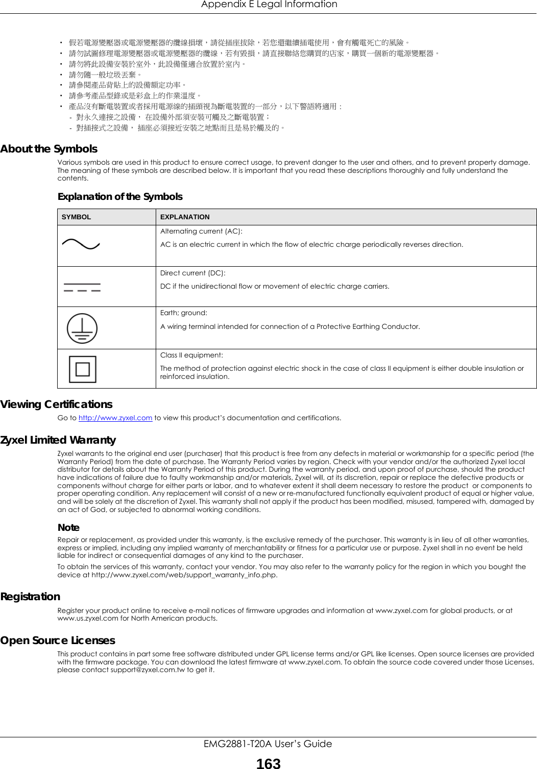  Appendix E Legal InformationEMG2881-T20A User’s Guide163• 假若電源變壓器或電源變壓器的纜線損壞，請從插座拔除，若您還繼續插電使用，會有觸電死亡的風險。• 請勿試圖修理電源變壓器或電源變壓器的纜線，若有毀損，請直接聯絡您購買的店家，購買一個新的電源變壓器。• 請勿將此設備安裝於室外，此設備僅適合放置於室內。• 請勿隨一般垃圾丟棄。• 請參閱產品背貼上的設備額定功率。• 請參考產品型錄或是彩盒上的作業溫度。• 產品沒有斷電裝置或者採用電源線的插頭視為斷電裝置的一部分，以下警語將適用 :- 對永久連接之設備， 在設備外部須安裝可觸及之斷電裝置；- 對插接式之設備， 插座必須接近安裝之地點而且是易於觸及的。About the SymbolsVarious symbols are used in this product to ensure correct usage, to prevent danger to the user and others, and to prevent property damage. The meaning of these symbols are described below. It is important that you read these descriptions thoroughly and fully understand the contents.Explanation of the SymbolsViewing Certifications Go to http://www.zyxel.com to view this product’s documentation and certifications.Zyxel Limited Warranty Zyxel warrants to the original end user (purchaser) that this product is free from any defects in material or workmanship for a specific period (the Warranty Period) from the date of purchase. The Warranty Period varies by region. Check with your vendor and/or the authorized Zyxel local distributor for details about the Warranty Period of this product. During the warranty period, and upon proof of purchase, should the product have indications of failure due to faulty workmanship and/or materials, Zyxel will, at its discretion, repair or replace the defective products or components without charge for either parts or labor, and to whatever extent it shall deem necessary to restore the product  or components to proper operating condition. Any replacement will consist of a new or re-manufactured functionally equivalent product of equal or higher value, and will be solely at the discretion of Zyxel. This warranty shall not apply if the product has been modified, misused, tampered with, damaged by an act of God, or subjected to abnormal working conditions.NoteRepair or replacement, as provided under this warranty, is the exclusive remedy of the purchaser. This warranty is in lieu of all other warranties, express or implied, including any implied warranty of merchantability or fitness for a particular use or purpose. Zyxel shall in no event be held liable for indirect or consequential damages of any kind to the purchaser.To obtain the services of this warranty, contact your vendor. You may also refer to the warranty policy for the region in which you bought the device at http://www.zyxel.com/web/support_warranty_info.php.Registration Register your product online to receive e-mail notices of firmware upgrades and information at www.zyxel.com for global products, or at www.us.zyxel.com for North American products.Open Source Licenses This product contains in part some free software distributed under GPL license terms and/or GPL like licenses. Open source licenses are provided with the firmware package. You can download the latest firmware at www.zyxel.com. To obtain the source code covered under those Licenses, please contact support@zyxel.com.tw to get it. SYMBOL EXPLANATIONAlternating current (AC):AC is an electric current in which the flow of electric charge periodically reverses direction.Direct current (DC):DC if the unidirectional flow or movement of electric charge carriers.Earth; ground:A wiring terminal intended for connection of a Protective Earthing Conductor.Class II equipment:The method of protection against electric shock in the case of class II equipment is either double insulation or reinforced insulation.  