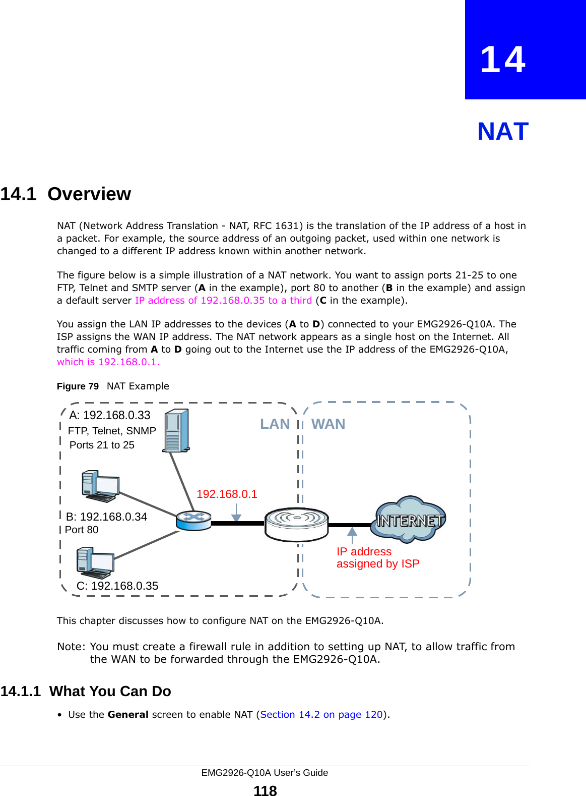 EMG2926-Q10A User’s Guide118CHAPTER   14NAT14.1  Overview   NAT (Network Address Translation - NAT, RFC 1631) is the translation of the IP address of a host in a packet. For example, the source address of an outgoing packet, used within one network is changed to a different IP address known within another network.The figure below is a simple illustration of a NAT network. You want to assign ports 21-25 to one FTP, Telnet and SMTP server (A in the example), port 80 to another (B in the example) and assign a default server IP address of 192.168.0.35 to a third (C in the example). You assign the LAN IP addresses to the devices (A to D) connected to your EMG2926-Q10A. The ISP assigns the WAN IP address. The NAT network appears as a single host on the Internet. All traffic coming from A to D going out to the Internet use the IP address of the EMG2926-Q10A, which is 192.168.0.1.Figure 79   NAT ExampleThis chapter discusses how to configure NAT on the EMG2926-Q10A.Note: You must create a firewall rule in addition to setting up NAT, to allow traffic from the WAN to be forwarded through the EMG2926-Q10A.14.1.1  What You Can Do•Use the General screen to enable NAT (Section 14.2 on page 120).A: 192.168.0.33B: 192.168.0.34C: 192.168.0.35IP address 192.168.0.1WANLANassigned by ISPFTP, Telnet, SNMPPort 80Ports 21 to 25
