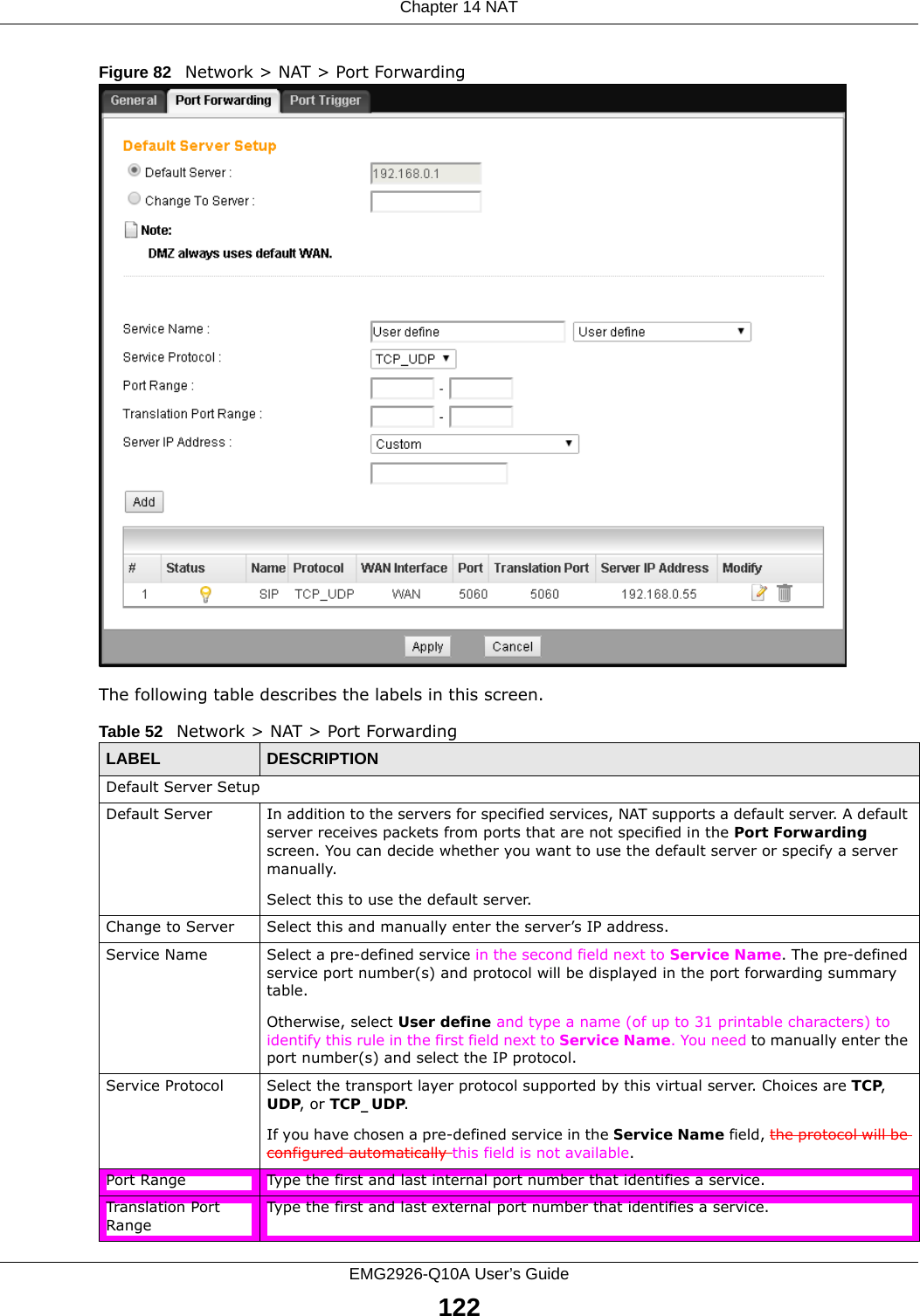 Chapter 14 NATEMG2926-Q10A User’s Guide122Figure 82   Network &gt; NAT &gt; Port Forwarding The following table describes the labels in this screen.Table 52   Network &gt; NAT &gt; Port ForwardingLABEL DESCRIPTIONDefault Server SetupDefault Server In addition to the servers for specified services, NAT supports a default server. A default server receives packets from ports that are not specified in the Port Forwarding screen. You can decide whether you want to use the default server or specify a server manually.Select this to use the default server. Change to Server Select this and manually enter the server’s IP address.Service Name Select a pre-defined service in the second field next to Service Name. The pre-defined service port number(s) and protocol will be displayed in the port forwarding summary table.Otherwise, select User define and type a name (of up to 31 printable characters) to identify this rule in the first field next to Service Name. You need to manually enter the port number(s) and select the IP protocol.Service Protocol Select the transport layer protocol supported by this virtual server. Choices are TCP, UDP, or TCP_UDP. If you have chosen a pre-defined service in the Service Name field, the protocol will be configured automatically this field is not available.Port Range Type the first and last internal port number that identifies a service.Translation Port RangeType the first and last external port number that identifies a service.