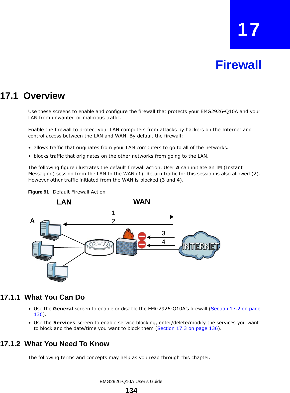 EMG2926-Q10A User’s Guide134CHAPTER   17Firewall17.1  Overview   Use these screens to enable and configure the firewall that protects your EMG2926-Q10A and your LAN from unwanted or malicious traffic.Enable the firewall to protect your LAN computers from attacks by hackers on the Internet and control access between the LAN and WAN. By default the firewall:• allows traffic that originates from your LAN computers to go to all of the networks. • blocks traffic that originates on the other networks from going to the LAN. The following figure illustrates the default firewall action. User A can initiate an IM (Instant Messaging) session from the LAN to the WAN (1). Return traffic for this session is also allowed (2). However other traffic initiated from the WAN is blocked (3 and 4).Figure 91   Default Firewall Action17.1.1  What You Can Do•Use the General screen to enable or disable the EMG2926-Q10A’s firewall (Section 17.2 on page 136).•Use the Services screen to enable service blocking, enter/delete/modify the services you want to block and the date/time you want to block them (Section 17.3 on page 136).17.1.2  What You Need To KnowThe following terms and concepts may help as you read through this chapter.WANLAN3412A