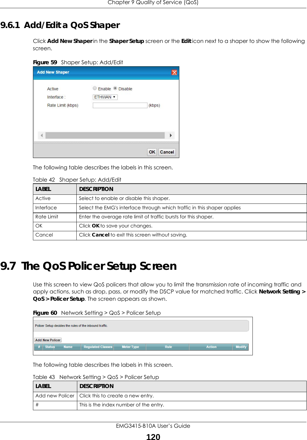 Chapter 9 Quality of Service (QoS)EMG3415-B10A User’s Guide1209.6.1  Add/Edit a QoS Shaper Click Add New Shaper in the Shaper Setup screen or the Edit icon next to a shaper to show the following screen. Figure 59   Shaper Setup: Add/Edit The following table describes the labels in this screen. 9.7  The QoS Policer Setup ScreenUse this screen to view QoS policers that allow you to limit the transmission rate of incoming traffic and apply actions, such as drop, pass, or modify the DSCP value for matched traffic. Click Network Setting &gt; QoS &gt; Policer Setup. The screen appears as shown. Figure 60   Network Setting &gt; QoS &gt; Policer Setup The following table describes the labels in this screen.  Table 42   Shaper Setup: Add/EditLABEL DESCRIPTIONActive Select to enable or disable this shaper.Interface Select the EMG&apos;s interface through which traffic in this shaper appliesRate Limit Enter the average rate limit of traffic bursts for this shaper.OK Click OK to save your changes.Cancel Click Cancel to exit this screen without saving.Table 43   Network Setting &gt; QoS &gt; Policer SetupLABEL DESCRIPTIONAdd new Policer Click this to create a new entry.#This is the index number of the entry.