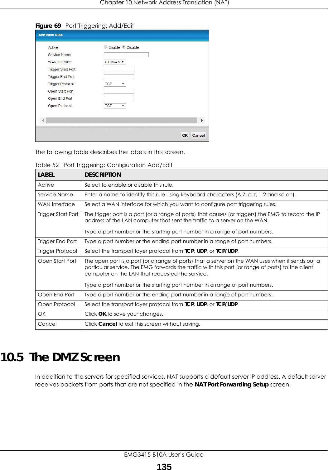  Chapter 10 Network Address Translation (NAT)EMG3415-B10A User’s Guide135Figure 69   Port Triggering: Add/Edit The following table describes the labels in this screen. 10.5  The DMZ ScreenIn addition to the servers for specified services, NAT supports a default server IP address. A default server receives packets from ports that are not specified in the NAT Port Forwarding Setup screen.Table 52   Port Triggering: Configuration Add/EditLABEL DESCRIPTIONActive Select to enable or disable this rule.Service Name Enter a name to identify this rule using keyboard characters (A-Z, a-z, 1-2 and so on). WAN Interface Select a WAN interface for which you want to configure port triggering rules.Trigger Start Port The trigger port is a port (or a range of ports) that causes (or triggers) the EMG to record the IP address of the LAN computer that sent the traffic to a server on the WAN.Type a port number or the starting port number in a range of port numbers.Trigger End Port  Type a port number or the ending port number in a range of port numbers.Trigger Protocol Select the transport layer protocol from TCP, UDP, or TCP/UDP.Open Start Port The open port is a port (or a range of ports) that a server on the WAN uses when it sends out a particular service. The EMG forwards the traffic with this port (or range of ports) to the client computer on the LAN that requested the service. Type a port number or the starting port number in a range of port numbers.Open End Port  Type a port number or the ending port number in a range of port numbers.Open Protocol Select the transport layer protocol from TCP, UDP, or TCP/UDP.OK Click OK to save your changes.Cancel Click Cancel to exit this screen without saving.