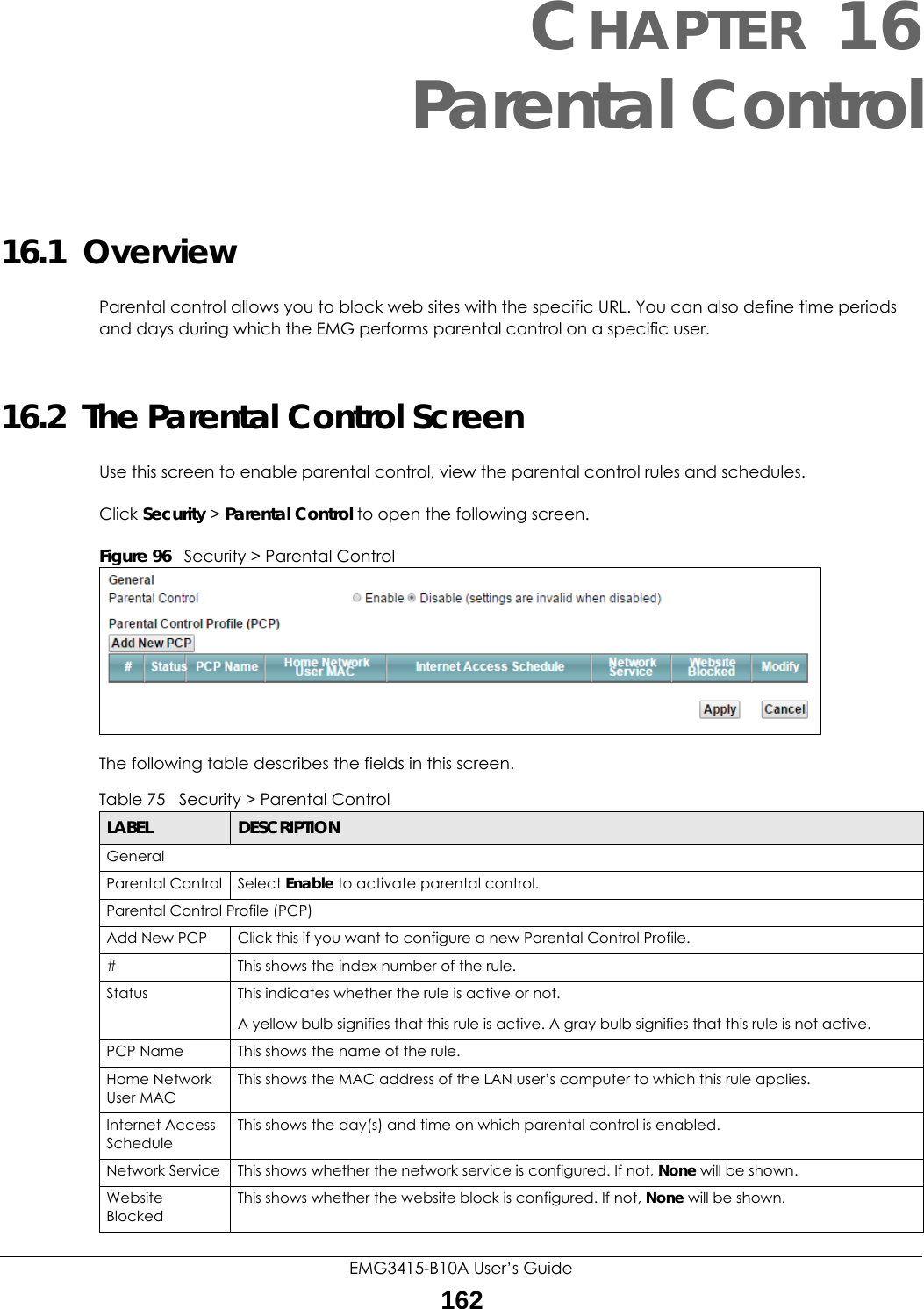 EMG3415-B10A User’s Guide162CHAPTER 16Parental Control16.1  OverviewParental control allows you to block web sites with the specific URL. You can also define time periods and days during which the EMG performs parental control on a specific user. 16.2  The Parental Control ScreenUse this screen to enable parental control, view the parental control rules and schedules.Click Security &gt; Parental Control to open the following screen. Figure 96   Security &gt; Parental Control The following table describes the fields in this screen. Table 75   Security &gt; Parental ControlLABEL DESCRIPTIONGeneralParental Control Select Enable to activate parental control.Parental Control Profile (PCP)Add New PCP Click this if you want to configure a new Parental Control Profile.#This shows the index number of the rule.Status This indicates whether the rule is active or not.A yellow bulb signifies that this rule is active. A gray bulb signifies that this rule is not active.PCP Name This shows the name of the rule.Home Network User MACThis shows the MAC address of the LAN user’s computer to which this rule applies.Internet Access ScheduleThis shows the day(s) and time on which parental control is enabled.Network Service This shows whether the network service is configured. If not, None will be shown.Website BlockedThis shows whether the website block is configured. If not, None will be shown.