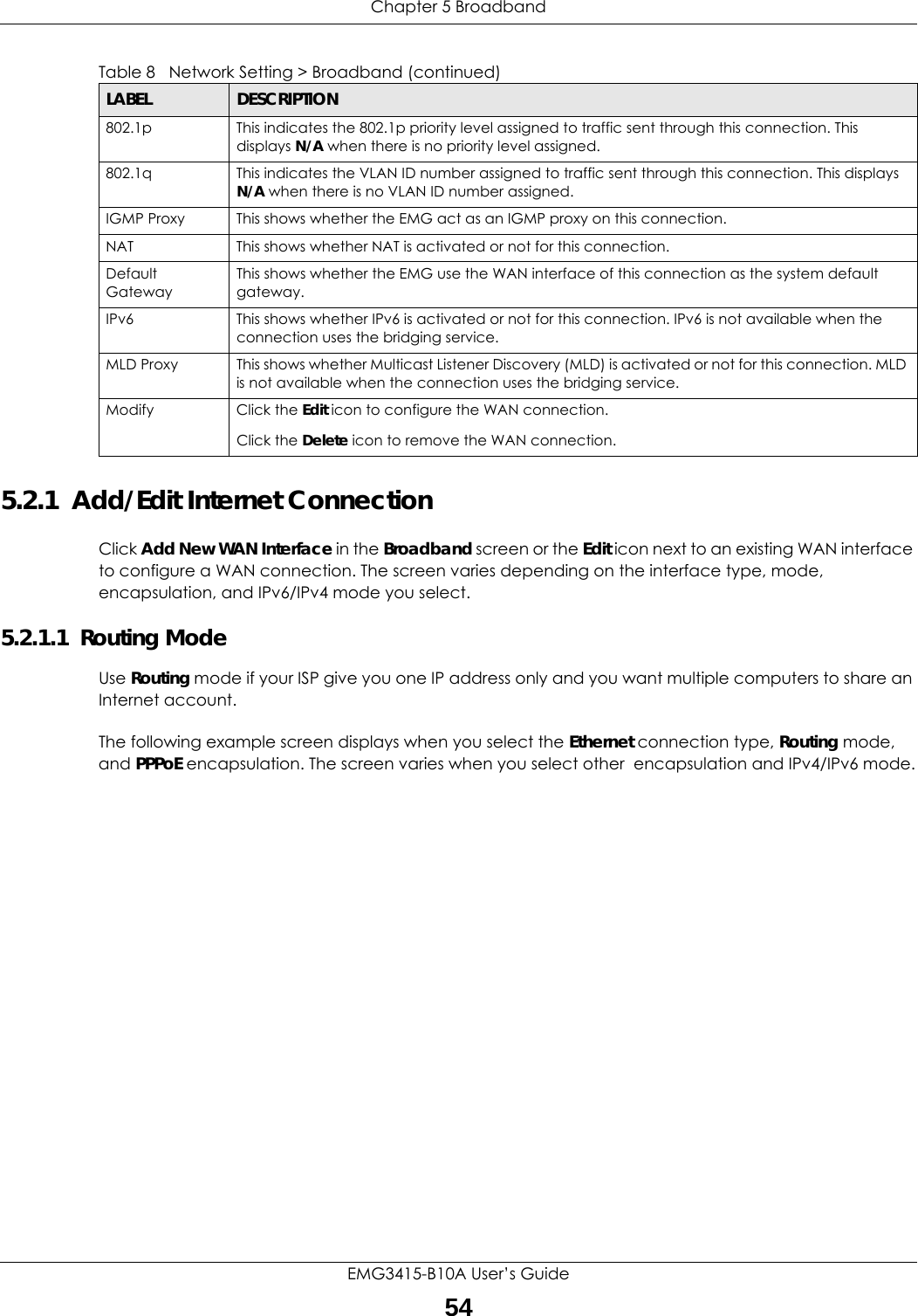 Chapter 5 BroadbandEMG3415-B10A User’s Guide545.2.1  Add/Edit Internet ConnectionClick Add New WAN Interface in the Broadband screen or the Edit icon next to an existing WAN interface to configure a WAN connection. The screen varies depending on the interface type, mode, encapsulation, and IPv6/IPv4 mode you select. 5.2.1.1  Routing ModeUse Routing mode if your ISP give you one IP address only and you want multiple computers to share an Internet account. The following example screen displays when you select the Ethernet connection type, Routing mode, and PPPoE encapsulation. The screen varies when you select other  encapsulation and IPv4/IPv6 mode.802.1p This indicates the 802.1p priority level assigned to traffic sent through this connection. This displays N/A when there is no priority level assigned.802.1q This indicates the VLAN ID number assigned to traffic sent through this connection. This displays N/A when there is no VLAN ID number assigned.IGMP Proxy This shows whether the EMG act as an IGMP proxy on this connection.NAT This shows whether NAT is activated or not for this connection. Default GatewayThis shows whether the EMG use the WAN interface of this connection as the system default gateway.IPv6 This shows whether IPv6 is activated or not for this connection. IPv6 is not available when the connection uses the bridging service.MLD Proxy This shows whether Multicast Listener Discovery (MLD) is activated or not for this connection. MLD is not available when the connection uses the bridging service.Modify Click the Edit icon to configure the WAN connection.Click the Delete icon to remove the WAN connection.Table 8   Network Setting &gt; Broadband (continued)LABEL DESCRIPTION