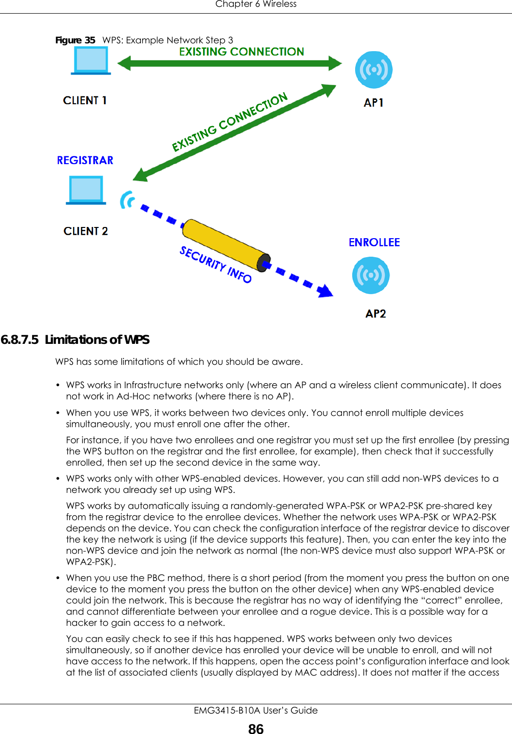 Chapter 6 WirelessEMG3415-B10A User’s Guide86Figure 35   WPS: Example Network Step 36.8.7.5  Limitations of WPSWPS has some limitations of which you should be aware. • WPS works in Infrastructure networks only (where an AP and a wireless client communicate). It does not work in Ad-Hoc networks (where there is no AP).• When you use WPS, it works between two devices only. You cannot enroll multiple devices simultaneously, you must enroll one after the other. For instance, if you have two enrollees and one registrar you must set up the first enrollee (by pressing the WPS button on the registrar and the first enrollee, for example), then check that it successfully enrolled, then set up the second device in the same way.• WPS works only with other WPS-enabled devices. However, you can still add non-WPS devices to a network you already set up using WPS. WPS works by automatically issuing a randomly-generated WPA-PSK or WPA2-PSK pre-shared key from the registrar device to the enrollee devices. Whether the network uses WPA-PSK or WPA2-PSK depends on the device. You can check the configuration interface of the registrar device to discover the key the network is using (if the device supports this feature). Then, you can enter the key into the non-WPS device and join the network as normal (the non-WPS device must also support WPA-PSK or WPA2-PSK).• When you use the PBC method, there is a short period (from the moment you press the button on one device to the moment you press the button on the other device) when any WPS-enabled device could join the network. This is because the registrar has no way of identifying the “correct” enrollee, and cannot differentiate between your enrollee and a rogue device. This is a possible way for a hacker to gain access to a network.You can easily check to see if this has happened. WPS works between only two devices simultaneously, so if another device has enrolled your device will be unable to enroll, and will not have access to the network. If this happens, open the access point’s configuration interface and look at the list of associated clients (usually displayed by MAC address). It does not matter if the access 