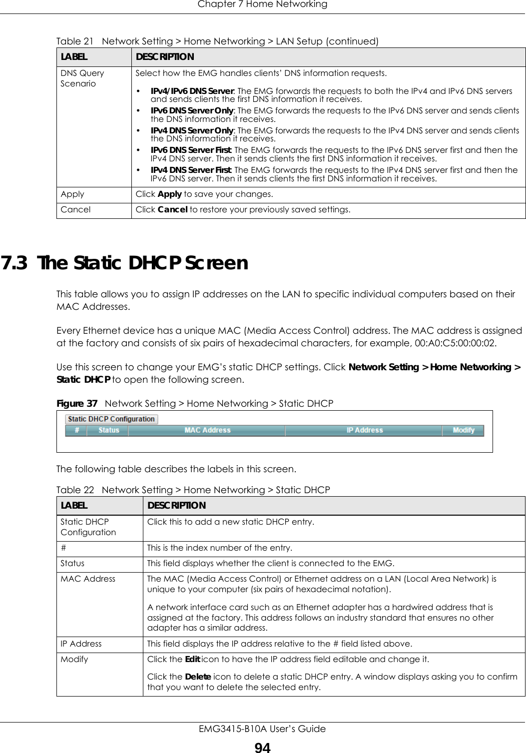 Chapter 7 Home NetworkingEMG3415-B10A User’s Guide947.3  The Static DHCP ScreenThis table allows you to assign IP addresses on the LAN to specific individual computers based on their MAC Addresses. Every Ethernet device has a unique MAC (Media Access Control) address. The MAC address is assigned at the factory and consists of six pairs of hexadecimal characters, for example, 00:A0:C5:00:00:02.Use this screen to change your EMG’s static DHCP settings. Click Network Setting &gt; Home Networking &gt; Static DHCP to open the following screen.Figure 37   Network Setting &gt; Home Networking &gt; Static DHCP The following table describes the labels in this screen.DNS Query ScenarioSelect how the EMG handles clients’ DNS information requests.•IPv4/IPv6 DNS Server: The EMG forwards the requests to both the IPv4 and IPv6 DNS servers and sends clients the first DNS information it receives.•IPv6 DNS Server Only: The EMG forwards the requests to the IPv6 DNS server and sends clients the DNS information it receives. •IPv4 DNS Server Only: The EMG forwards the requests to the IPv4 DNS server and sends clients the DNS information it receives.•IPv6 DNS Server First: The EMG forwards the requests to the IPv6 DNS server first and then the IPv4 DNS server. Then it sends clients the first DNS information it receives.•IPv4 DNS Server First: The EMG forwards the requests to the IPv4 DNS server first and then the IPv6 DNS server. Then it sends clients the first DNS information it receives.Apply Click Apply to save your changes.Cancel Click Cancel to restore your previously saved settings.Table 21   Network Setting &gt; Home Networking &gt; LAN Setup (continued)LABEL DESCRIPTIONTable 22   Network Setting &gt; Home Networking &gt; Static DHCPLABEL DESCRIPTIONStatic DHCP ConfigurationClick this to add a new static DHCP entry. # This is the index number of the entry.Status This field displays whether the client is connected to the EMG.MAC Address The MAC (Media Access Control) or Ethernet address on a LAN (Local Area Network) is unique to your computer (six pairs of hexadecimal notation).A network interface card such as an Ethernet adapter has a hardwired address that is assigned at the factory. This address follows an industry standard that ensures no other adapter has a similar address.IP Address This field displays the IP address relative to the # field listed above.Modify Click the Edit icon to have the IP address field editable and change it.Click the Delete icon to delete a static DHCP entry. A window displays asking you to confirm that you want to delete the selected entry.