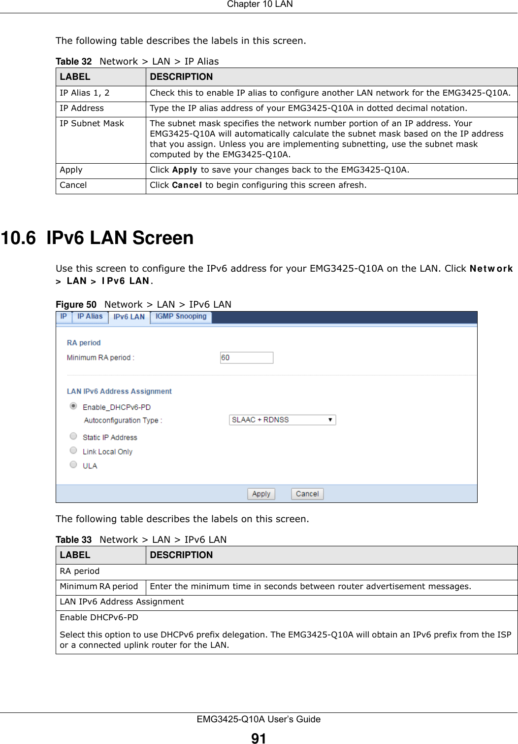  Chapter 10 LANEMG3425-Q10A User’s Guide91The following table describes the labels in this screen.10.6  IPv6 LAN ScreenUse this screen to configure the IPv6 address for your EMG3425-Q10A on the LAN. Click Net w ork &gt;  LAN  &gt;  I Pv6  LAN .Figure 50   Network &gt; LAN &gt; IPv6 LAN The following table describes the labels on this screen.Table 32   Network &gt; LAN &gt; IP AliasLABEL DESCRIPTIONIP Alias 1, 2 Check this to enable IP alias to configure another LAN network for the EMG3425-Q10A.IP Address Type the IP alias address of your EMG3425-Q10A in dotted decimal notation.IP Subnet Mask The subnet mask specifies the network number portion of an IP address. Your EMG3425-Q10A will automatically calculate the subnet mask based on the IP address that you assign. Unless you are implementing subnetting, use the subnet mask computed by the EMG3425-Q10A.Apply Click Apply to save your changes back to the EMG3425-Q10A.Cancel Click Can cel to begin configuring this screen afresh.Table 33   Network &gt; LAN &gt; IPv6 LAN LABEL DESCRIPTIONRA periodMinimum RA period   Enter the minimum time in seconds between router advertisement messages.LAN IPv6 Address AssignmentEnable DHCPv6-PDSelect this option to use DHCPv6 prefix delegation. The EMG3425-Q10A will obtain an IPv6 prefix from the ISP or a connected uplink router for the LAN.
