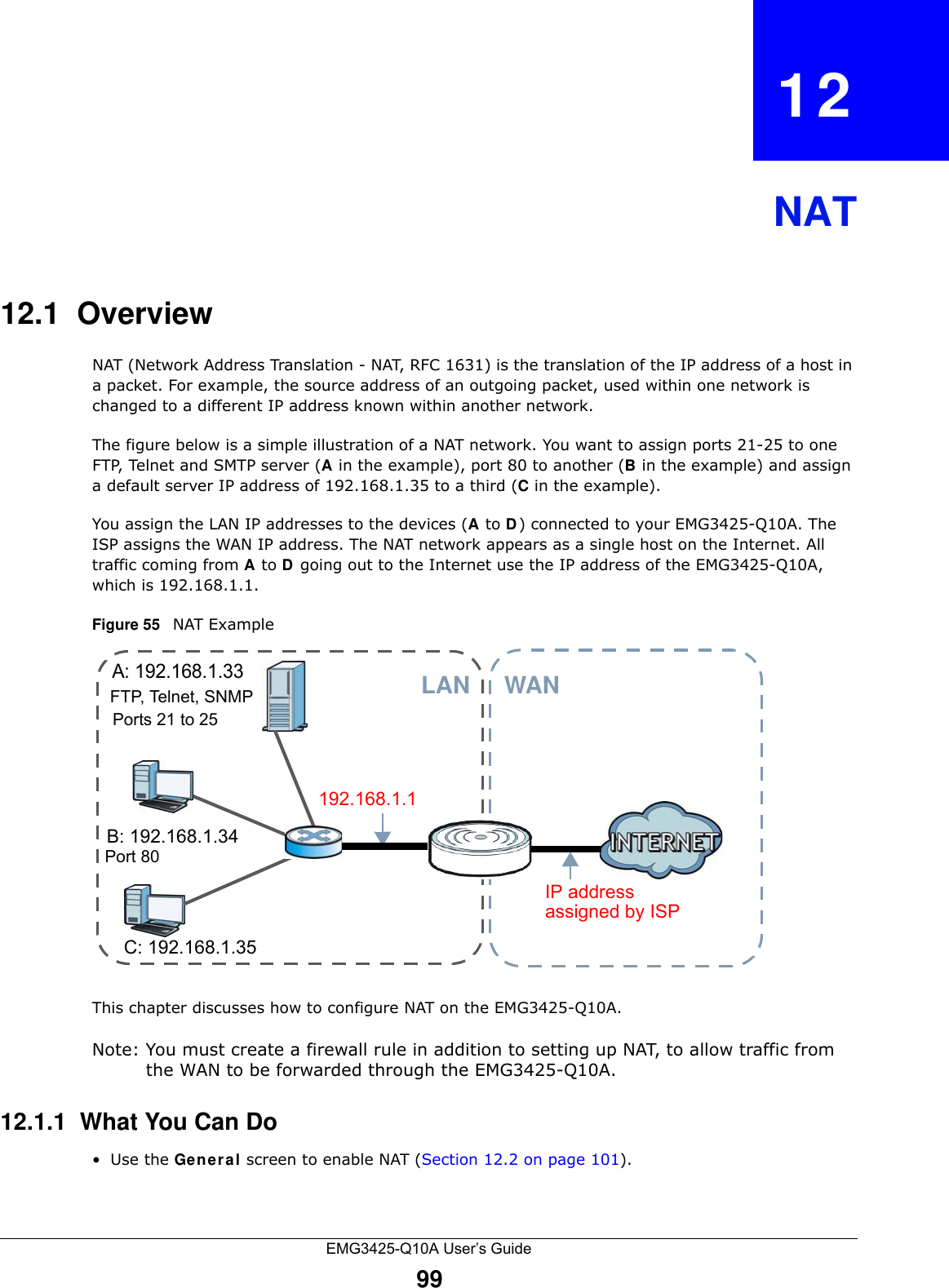 EMG3425-Q10A User’s Guide99CHAPTER   12NAT12.1  Overview   NAT (Network Address Translation - NAT, RFC 1631) is the translation of the IP address of a host in a packet. For example, the source address of an outgoing packet, used within one network is changed to a different IP address known within another network.The figure below is a simple illustration of a NAT network. You want to assign ports 21-25 to one FTP, Telnet and SMTP server (A in the example), port 80 to another (B in the example) and assign a default server IP address of 192.168.1.35 to a third (C in the example). You assign the LAN IP addresses to the devices (A to D) connected to your EMG3425-Q10A. The ISP assigns the WAN IP address. The NAT network appears as a single host on the Internet. All traffic coming from A to D going out to the Internet use the IP address of the EMG3425-Q10A, which is 192.168.1.1.Figure 55   NAT ExampleThis chapter discusses how to configure NAT on the EMG3425-Q10A.Note: You must create a firewall rule in addition to setting up NAT, to allow traffic from the WAN to be forwarded through the EMG3425-Q10A.12.1.1  What You Can Do•Use the Ge n e r a l screen to enable NAT (Section 12.2 on page 101).A: 192.168.1.33B: 192.168.1.34C: 192.168.1.35IP address 192.168.1.1WANLANassigned by ISPFTP, Telnet, SNMPPort 80Ports 21 to 25