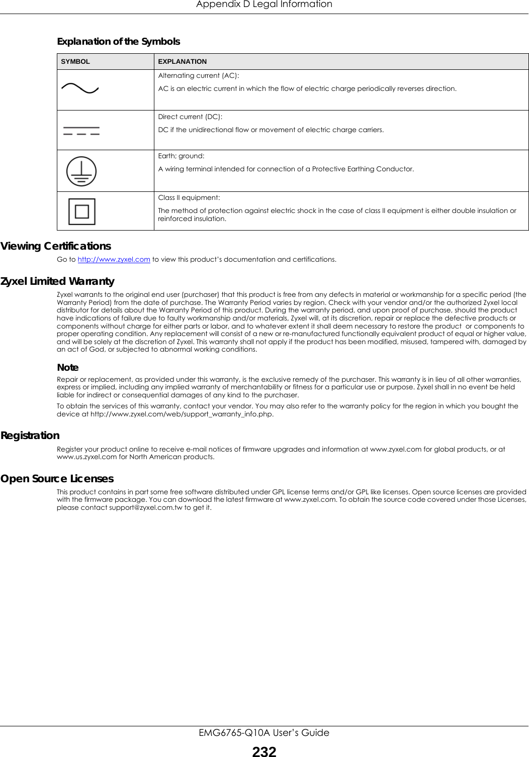 Appendix D Legal InformationEMG6765-Q10A User’s Guide232Explanation of the SymbolsViewing Certifications Go to http://www.zyxel.com to view this product’s documentation and certifications.Zyxel Limited Warranty Zyxel warrants to the original end user (purchaser) that this product is free from any defects in material or workmanship for a specific period (the Warranty Period) from the date of purchase. The Warranty Period varies by region. Check with your vendor and/or the authorized Zyxel local distributor for details about the Warranty Period of this product. During the warranty period, and upon proof of purchase, should the product have indications of failure due to faulty workmanship and/or materials, Zyxel will, at its discretion, repair or replace the defective products or components without charge for either parts or labor, and to whatever extent it shall deem necessary to restore the product  or components to proper operating condition. Any replacement will consist of a new or re-manufactured functionally equivalent product of equal or higher value, and will be solely at the discretion of Zyxel. This warranty shall not apply if the product has been modified, misused, tampered with, damaged by an act of God, or subjected to abnormal working conditions.NoteRepair or replacement, as provided under this warranty, is the exclusive remedy of the purchaser. This warranty is in lieu of all other warranties, express or implied, including any implied warranty of merchantability or fitness for a particular use or purpose. Zyxel shall in no event be held liable for indirect or consequential damages of any kind to the purchaser.To obtain the services of this warranty, contact your vendor. You may also refer to the warranty policy for the region in which you bought the device at http://www.zyxel.com/web/support_warranty_info.php.Registration Register your product online to receive e-mail notices of firmware upgrades and information at www.zyxel.com for global products, or at www.us.zyxel.com for North American products.Open Source Licenses This product contains in part some free software distributed under GPL license terms and/or GPL like licenses. Open source licenses are provided with the firmware package. You can download the latest firmware at www.zyxel.com. To obtain the source code covered under those Licenses, please contact support@zyxel.com.tw to get it. SYMBOL EXPLANATIONAlternating current (AC):AC is an electric current in which the flow of electric charge periodically reverses direction.Direct current (DC):DC if the unidirectional flow or movement of electric charge carriers.Earth; ground:A wiring terminal intended for connection of a Protective Earthing Conductor.Class II equipment:The method of protection against electric shock in the case of class II equipment is either double insulation or reinforced insulation.  