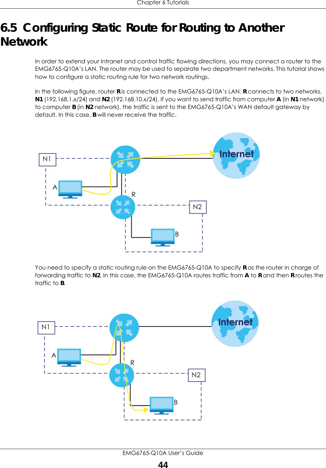 Chapter 6 TutorialsEMG6765-Q10A User’s Guide446.5  Configuring Static Route for Routing to Another NetworkIn order to extend your Intranet and control traffic flowing directions, you may connect a router to the EMG6765-Q10A’s LAN. The router may be used to separate two department networks. This tutorial shows how to configure a static routing rule for two network routings.In the following figure, router R is connected to the EMG6765-Q10A’s LAN. R connects to two networks, N1 (192.168.1.x/24) and N2 (192.168.10.x/24). If you want to send traffic from computer A (in N1 network) to computer B (in N2 network), the traffic is sent to the EMG6765-Q10A’s WAN default gateway by default. In this case, B will never receive the traffic.You need to specify a static routing rule on the EMG6765-Q10A to specify R as the router in charge of forwarding traffic to N2. In this case, the EMG6765-Q10A routes traffic from A to R and then R routes the traffic to B.
