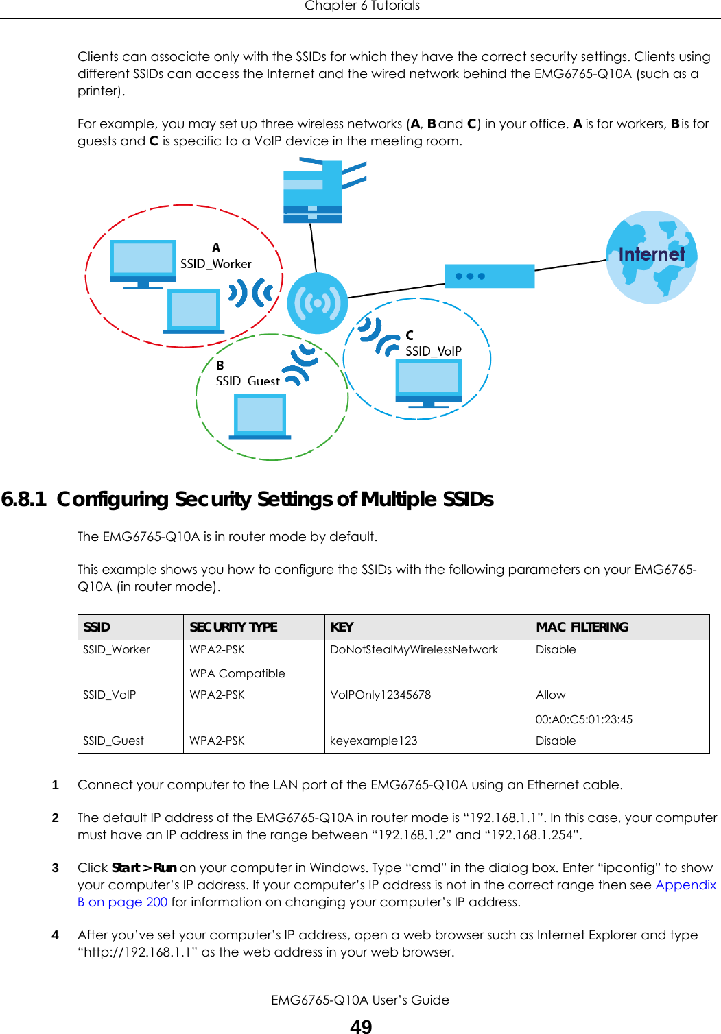  Chapter 6 TutorialsEMG6765-Q10A User’s Guide49Clients can associate only with the SSIDs for which they have the correct security settings. Clients using different SSIDs can access the Internet and the wired network behind the EMG6765-Q10A (such as a printer). For example, you may set up three wireless networks (A, B and C) in your office. A is for workers, B is for guests and C is specific to a VoIP device in the meeting room. 6.8.1  Configuring Security Settings of Multiple SSIDsThe EMG6765-Q10A is in router mode by default.This example shows you how to configure the SSIDs with the following parameters on your EMG6765-Q10A (in router mode).1Connect your computer to the LAN port of the EMG6765-Q10A using an Ethernet cable. 2The default IP address of the EMG6765-Q10A in router mode is “192.168.1.1”. In this case, your computer must have an IP address in the range between “192.168.1.2” and “192.168.1.254”.3Click Start &gt; Run on your computer in Windows. Type “cmd” in the dialog box. Enter “ipconfig” to show your computer’s IP address. If your computer’s IP address is not in the correct range then see Appendix B on page 200 for information on changing your computer’s IP address.4After you’ve set your computer’s IP address, open a web browser such as Internet Explorer and type “http://192.168.1.1” as the web address in your web browser.SSID SECURITY TYPE KEY MAC FILTERINGSSID_Worker WPA2-PSKWPA Compatible DoNotStealMyWirelessNetwork DisableSSID_VoIP WPA2-PSK VoIPOnly12345678 Allow00:A0:C5:01:23:45SSID_Guest WPA2-PSK keyexample123 Disable