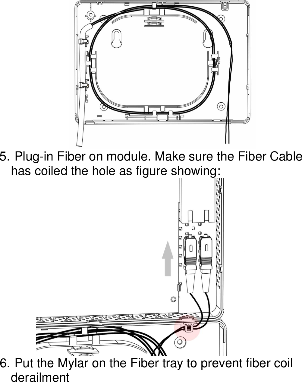    5.  Plug-in Fiber on module. Make sure the Fiber Cable has coiled the hole as figure showing:  6.  Put the Mylar on the Fiber tray to prevent fiber coil derailment 