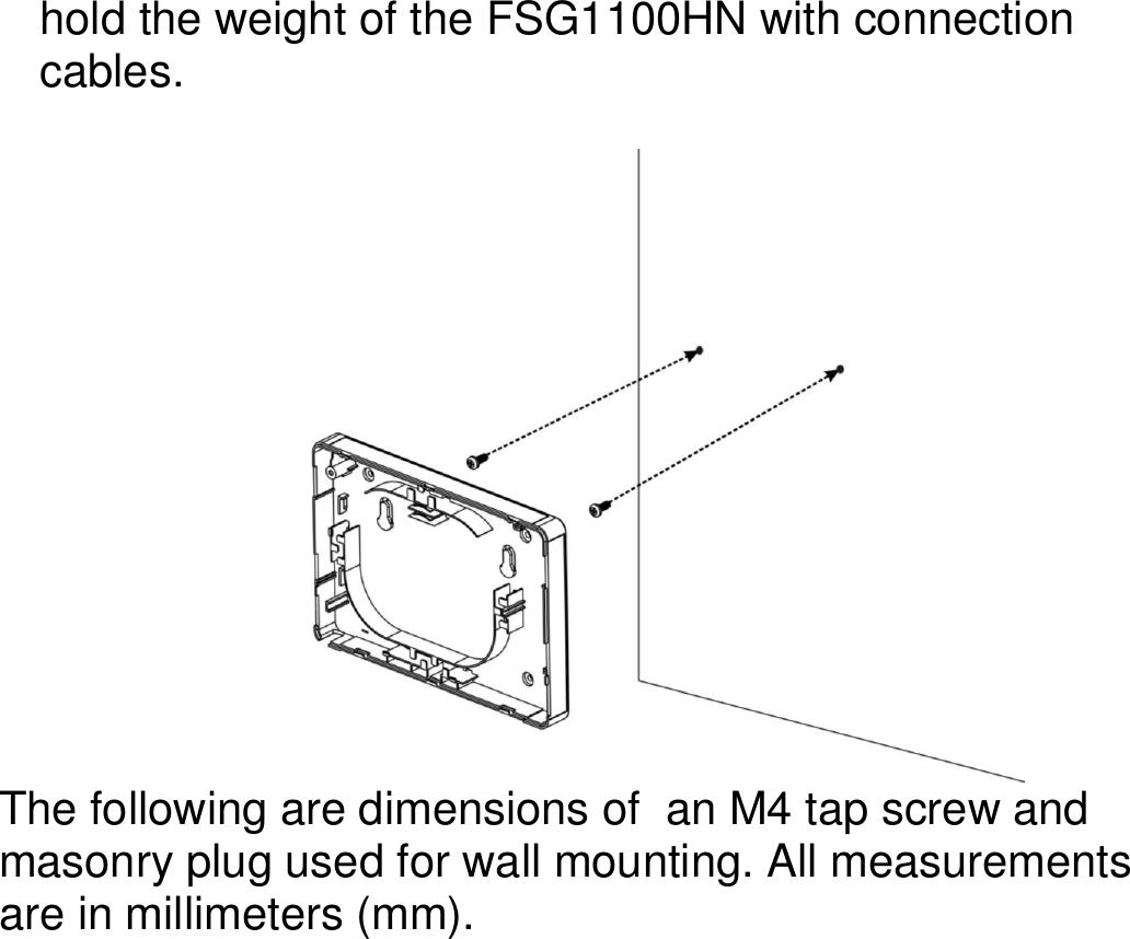  hold the weight of the FSG1100HN with connection cables.   The following are dimensions of  an M4 tap screw and masonry plug used for wall mounting. All measurements are in millimeters (mm). 