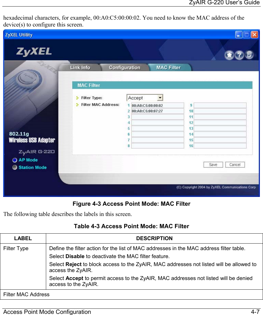     ZyAIR G-220 User’s Guide Access Point Mode Configuration    4-7 hexadecimal characters, for example, 00:A0:C5:00:00:02. You need to know the MAC address of the device(s) to configure this screen.  Figure 4-3 Access Point Mode: MAC Filter The following table describes the labels in this screen.  Table 4-3 Access Point Mode: MAC Filter LABEL DESCRIPTION Filter Type  Define the filter action for the list of MAC addresses in the MAC address filter table.  Select Disable to deactivate the MAC filter feature. Select Reject to block access to the ZyAIR, MAC addresses not listed will be allowed to access the ZyAIR.  Select Accept to permit access to the ZyAIR, MAC addresses not listed will be denied access to the ZyAIR. Filter MAC Address 