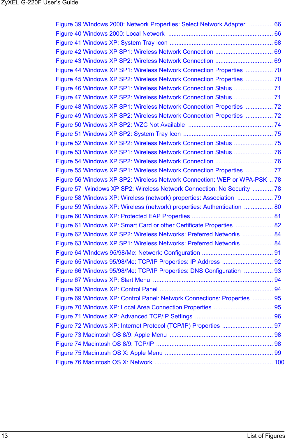 ZyXEL G-220F User’s Guide13 List of FiguresFigure 39 WIndows 2000: Network Properties: Select Network Adapter  .............. 66Figure 40 Windows 2000: Local Network  .............................................................. 66Figure 41 Windows XP: System Tray Icon ............................................................. 68Figure 42 Windows XP SP1: Wireless Network Connection .................................. 69Figure 43 Windows XP SP2: Wireless Network Connection .................................. 69Figure 44 Windows XP SP1: Wireless Network Connection Properties  ................ 70Figure 45 Windows XP SP2: Wireless Network Connection Properties  ................ 70Figure 46 Windows XP SP1: Wireless Network Connection Status ....................... 71Figure 47 Windows XP SP2: Wireless Network Connection Status ....................... 71Figure 48 Windows XP SP1: Wireless Network Connection Properties  ................ 72Figure 49 Windows XP SP2: Wireless Network Connection Properties  ................ 72Figure 50 Windows XP SP2: WZC Not Available  .................................................. 74Figure 51 Windows XP SP2: System Tray Icon  ..................................................... 75Figure 52 Windows XP SP2: Wireless Network Connection Status ....................... 75Figure 53 Windows XP SP1: Wireless Network Connection Status ....................... 76Figure 54 Windows XP SP2: Wireless Network Connection .................................. 76Figure 55 Windows XP SP1: Wireless Network Connection Properties  ................ 77Figure 56 Windows XP SP2: Wireless Network Connection: WEP or WPA-PSK  .. 78Figure 57  Windows XP SP2: Wireless Network Connection: No Security  ............ 78Figure 58 Windows XP: Wireless (network) properties: Association  ..................... 79Figure 59 Windows XP: Wireless (network) properties: Authentication  ................. 80Figure 60 Windows XP: Protected EAP Properties ................................................ 81Figure 61 Windows XP: Smart Card or other Certificate Properties  ...................... 82Figure 62 Windows XP SP2: Wireless Networks: Preferred Networks  .................. 84Figure 63 Windows XP SP1: Wireless Networks: Preferred Networks  .................. 84Figure 64 WIndows 95/98/Me: Network: Configuration .......................................... 91Figure 65 Windows 95/98/Me: TCP/IP Properties: IP Address .............................. 92Figure 66 Windows 95/98/Me: TCP/IP Properties: DNS Configuration  ................. 93Figure 67 Windows XP: Start Menu  ....................................................................... 94Figure 68 Windows XP: Control Panel ................................................................... 94Figure 69 Windows XP: Control Panel: Network Connections: Properties  ............ 95Figure 70 Windows XP: Local Area Connection Properties ................................... 95Figure 71 Windows XP: Advanced TCP/IP Settings  .............................................. 96Figure 72 Windows XP: Internet Protocol (TCP/IP) Properties .............................. 97Figure 73 Macintosh OS 8/9: Apple Menu  ............................................................. 98Figure 74 Macintosh OS 8/9: TCP/IP ..................................................................... 98Figure 75 Macintosh OS X: Apple Menu ................................................................ 99Figure 76 Macintosh OS X: Network ...................................................................... 100