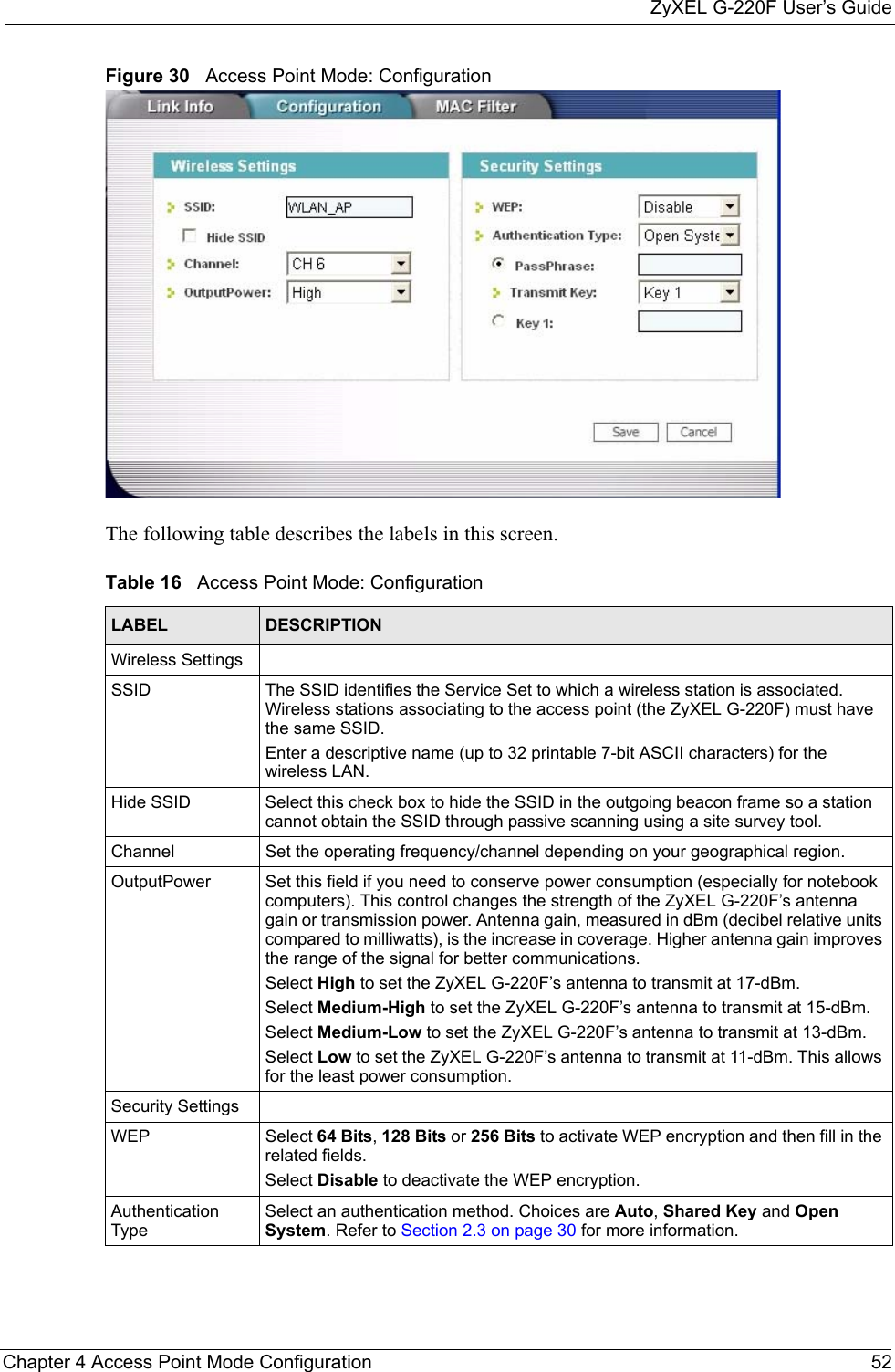 ZyXEL G-220F User’s GuideChapter 4 Access Point Mode Configuration 52Figure 30   Access Point Mode: Configuration The following table describes the labels in this screen. Table 16   Access Point Mode: Configuration LABEL DESCRIPTIONWireless SettingsSSID The SSID identifies the Service Set to which a wireless station is associated. Wireless stations associating to the access point (the ZyXEL G-220F) must have the same SSID.Enter a descriptive name (up to 32 printable 7-bit ASCII characters) for the wireless LAN.Hide SSID Select this check box to hide the SSID in the outgoing beacon frame so a station cannot obtain the SSID through passive scanning using a site survey tool.Channel Set the operating frequency/channel depending on your geographical region.OutputPower  Set this field if you need to conserve power consumption (especially for notebook computers). This control changes the strength of the ZyXEL G-220F’s antenna gain or transmission power. Antenna gain, measured in dBm (decibel relative units compared to milliwatts), is the increase in coverage. Higher antenna gain improves the range of the signal for better communications.Select High to set the ZyXEL G-220F’s antenna to transmit at 17-dBm.Select Medium-High to set the ZyXEL G-220F’s antenna to transmit at 15-dBm.Select Medium-Low to set the ZyXEL G-220F’s antenna to transmit at 13-dBm.Select Low to set the ZyXEL G-220F’s antenna to transmit at 11-dBm. This allows for the least power consumption.Security SettingsWEP Select 64 Bits, 128 Bits or 256 Bits to activate WEP encryption and then fill in the related fields. Select Disable to deactivate the WEP encryption.Authentication TypeSelect an authentication method. Choices are Auto, Shared Key and Open System. Refer to Section 2.3 on page 30 for more information.
